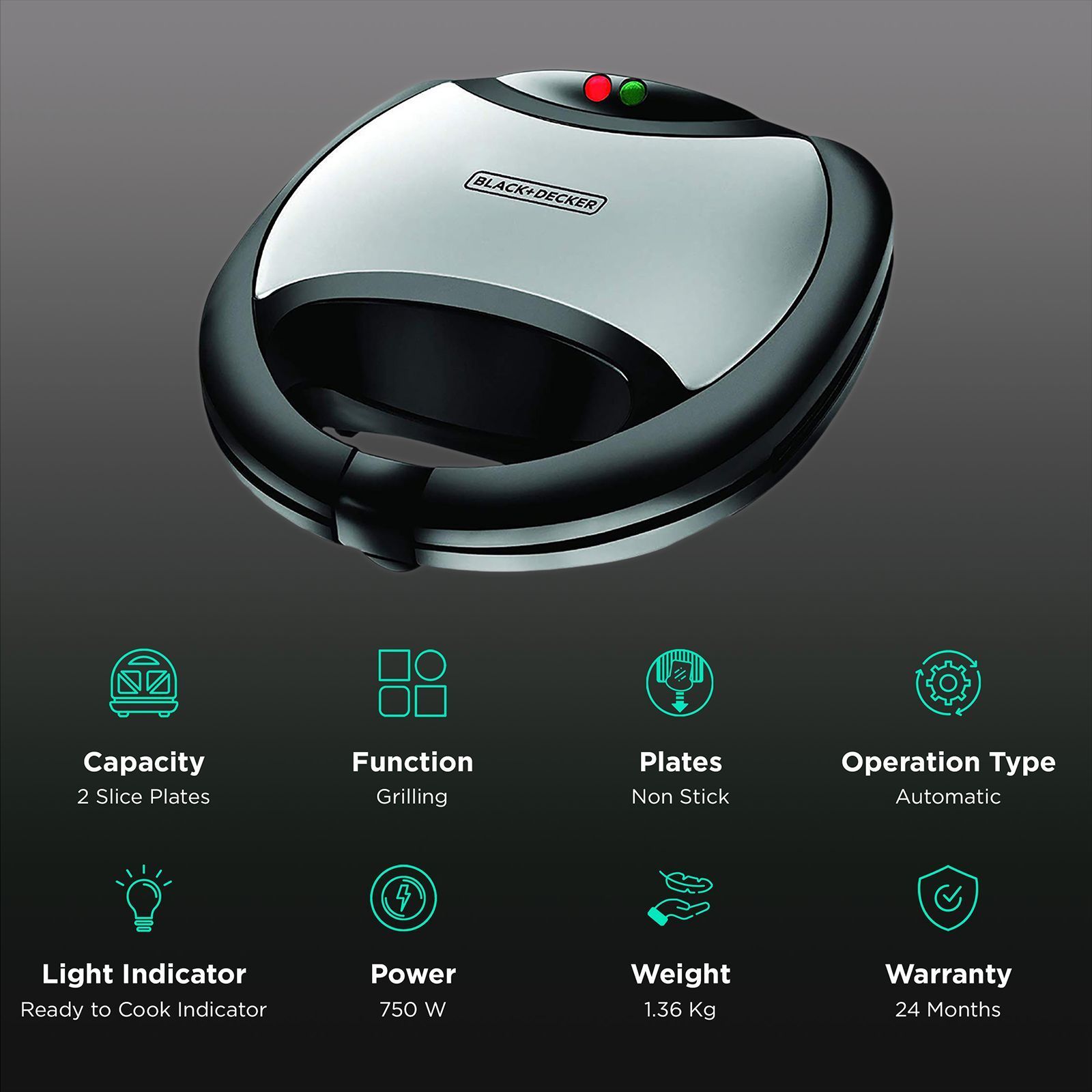 BLACK&DECKER TS2020 750W 2 Slice Sandwich Maker with Thermostat Control (Black & Silver) BLACK&DECKER TS2020 750W 2 Slice Sandwich Maker with Thermostat Control (Black & Silver)_3