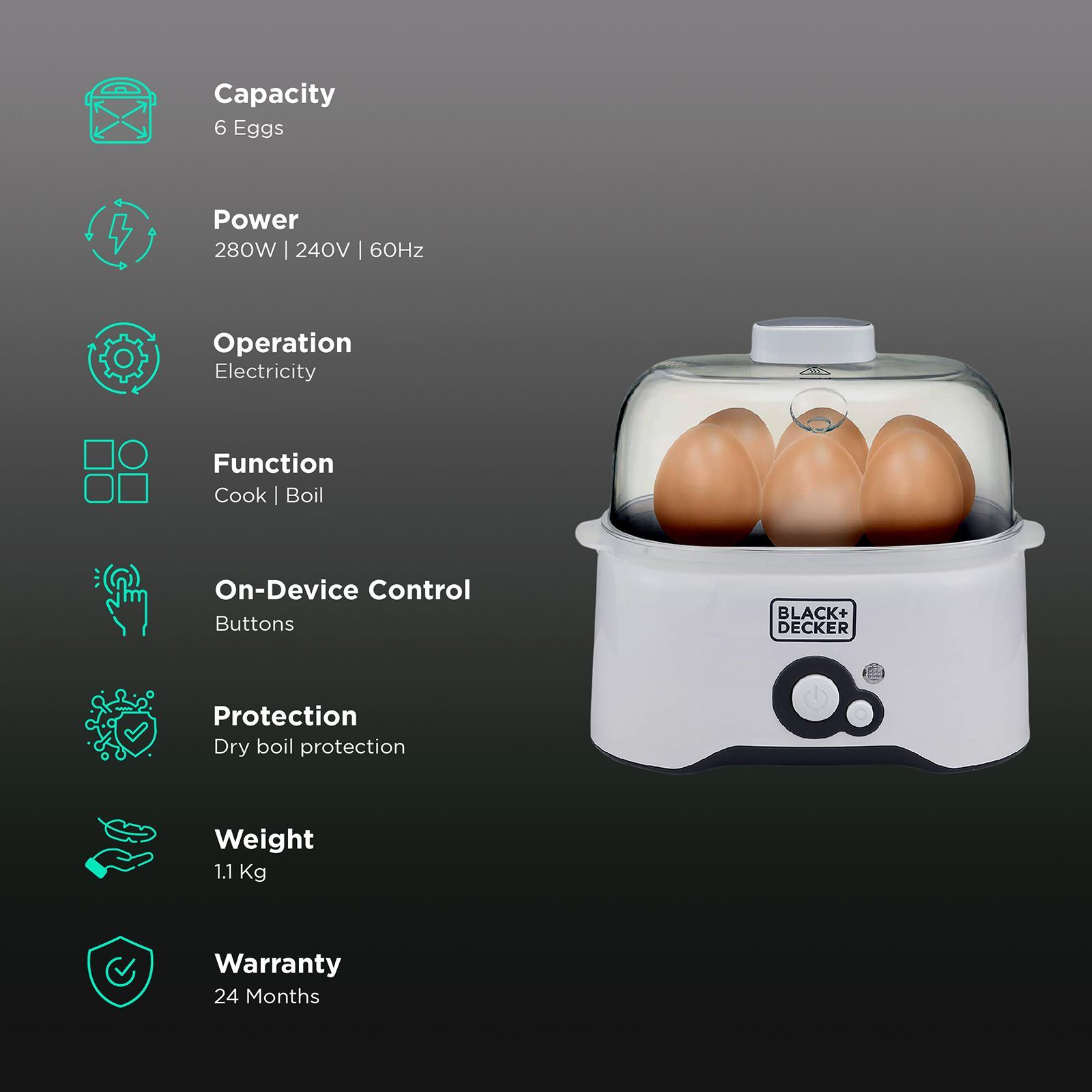 BLACK+DECKER BXEG2801IN 6 Egg Electric Egg Cooker with Dry Boil Protection (White)_3