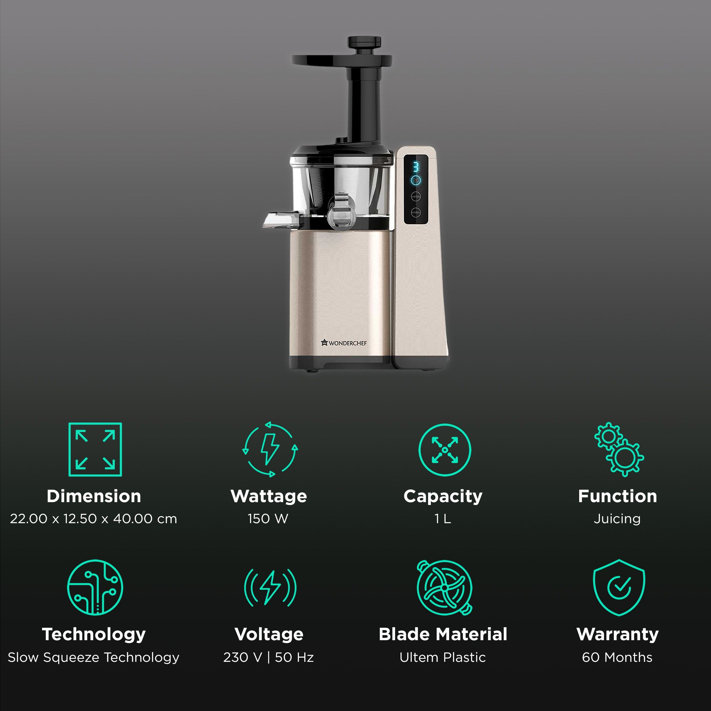 WONDERCHEF Digital 150 Watt Cold Press Slow Juicer (LED Touch Control, Gold)_2