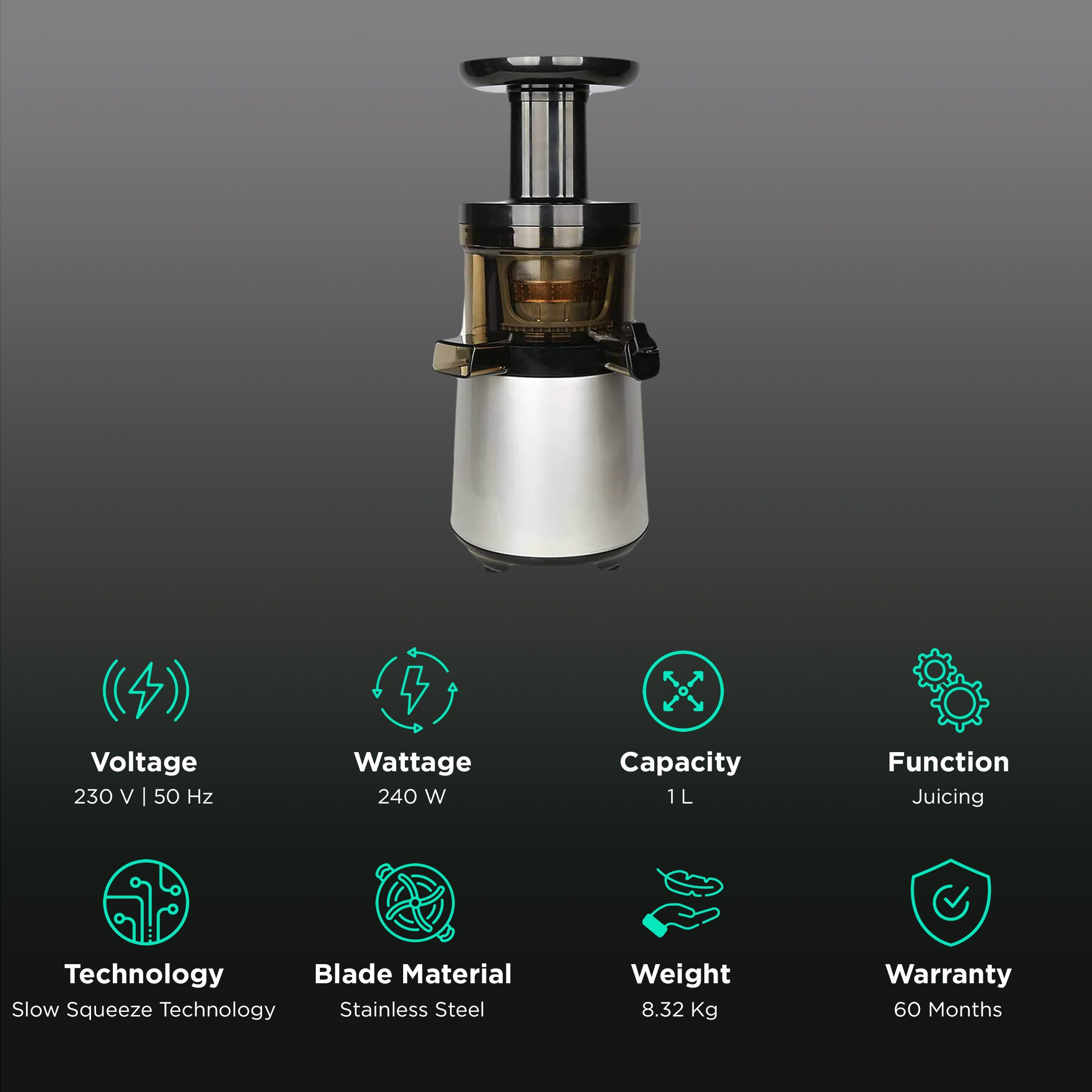 WONDERCHEF V6 240 Watt 2 Jars Cold Press Slow Juicer (Dishwasher Safe, Black/Silver)_2