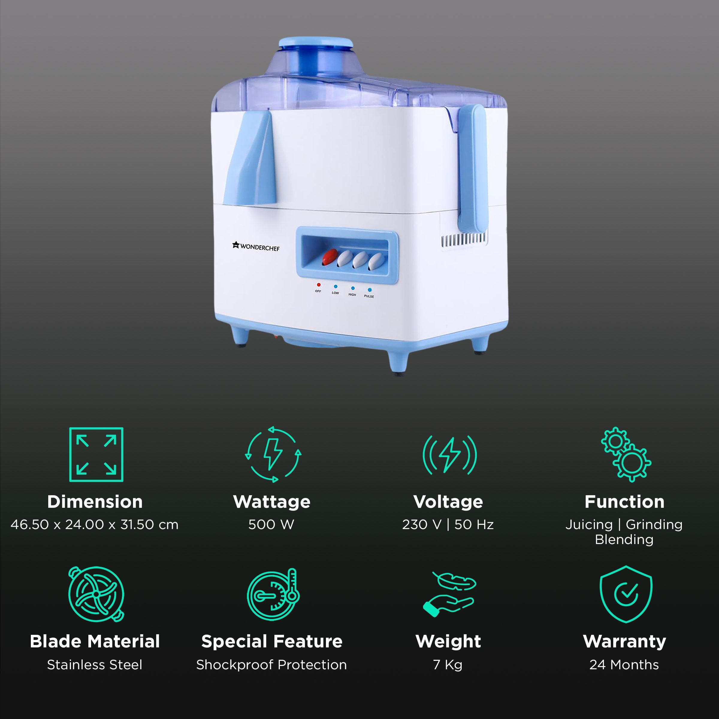 WONDERCHEF Cortina 500 Watt 2 Jars Juicer Mixer Grinder (Auto Shut Off Protection, White/Blue)_2