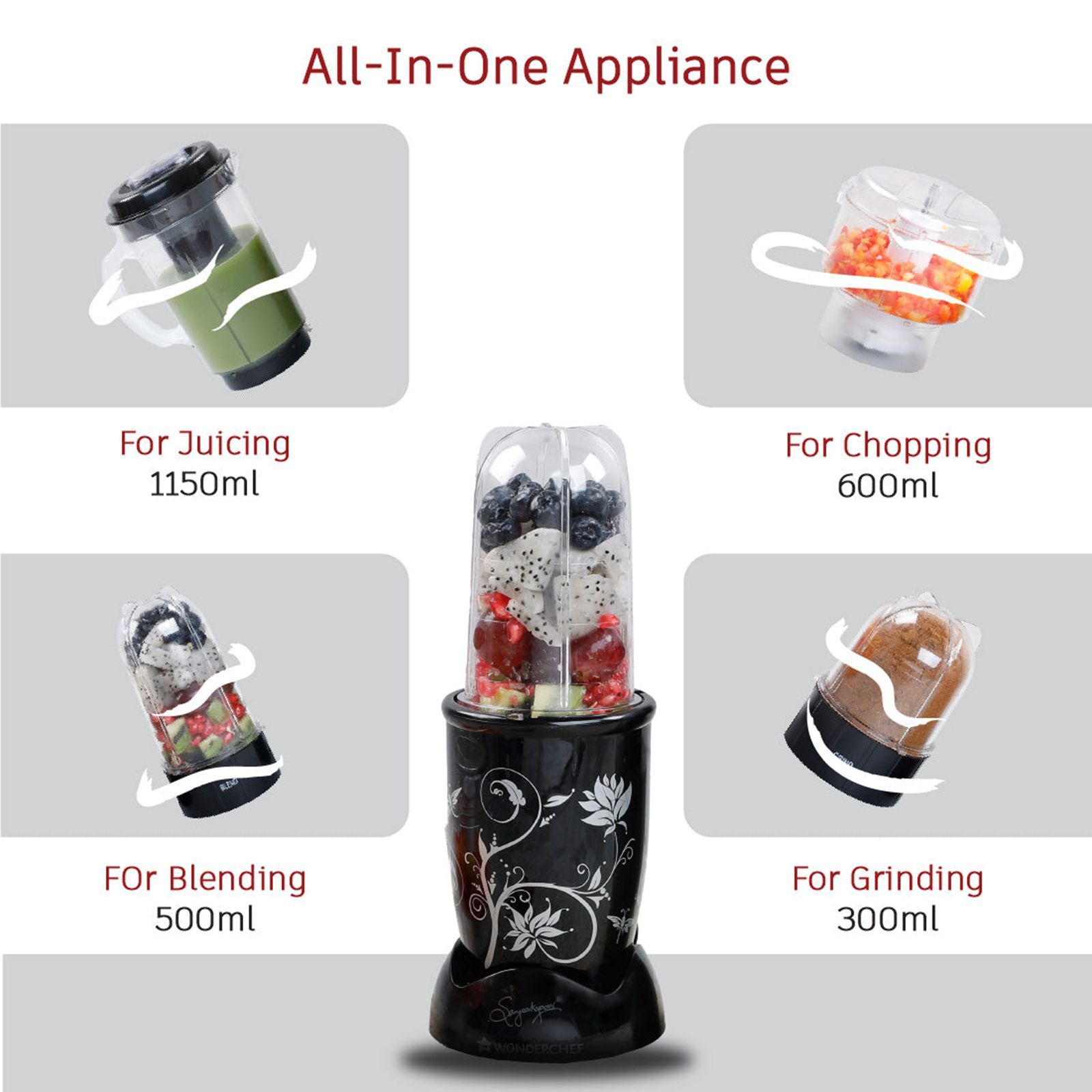 WONDERCHEF Nutri-Blend 400 Watt 4 Jars Juicer Mixer Grinder (22000 RPM, Hands-Free Operation, Black) WONDERCHEF Nutri-Blend 400 Watt 4 Jars Juicer Mixer Grinder (22000 RPM, Hands-Free Operation, Black)_6