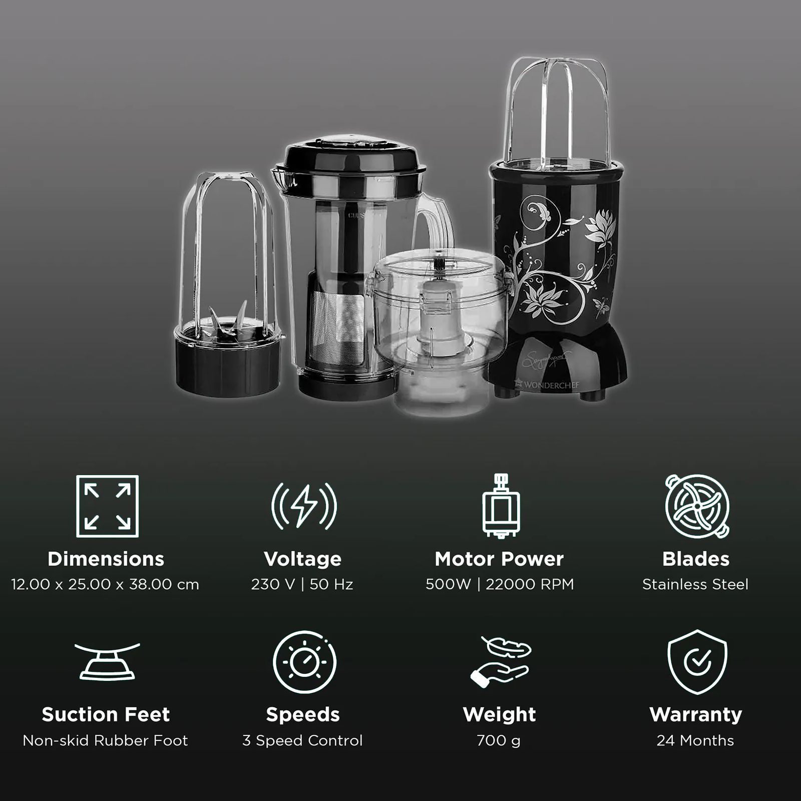 Wonderchef Nutri-Blend 500 Watt 4 Jars Juicer Mixer Grinder (22000 RPM, Hands-Free Operation, Black)_2