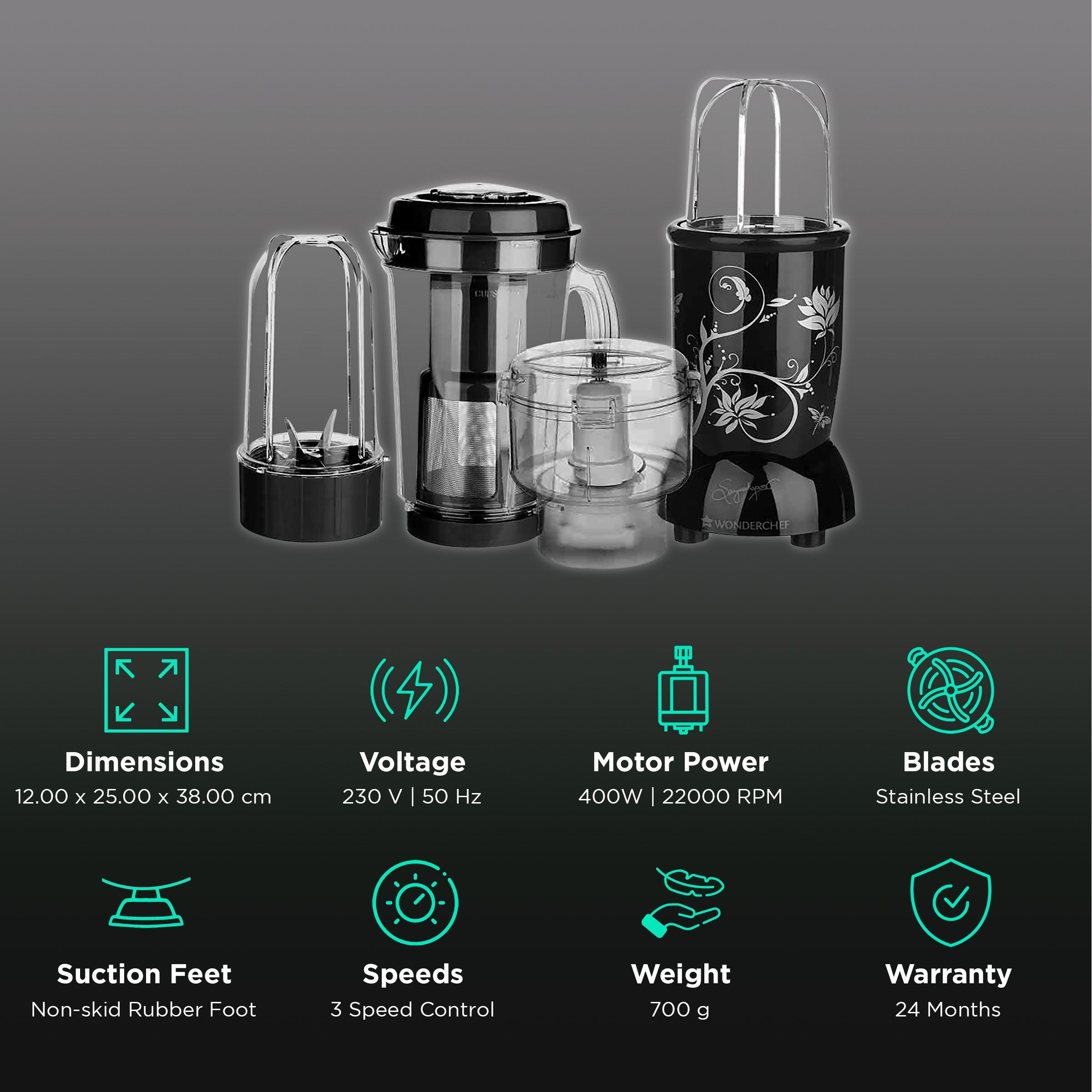 WONDERCHEF Nutri-Blend 400 Watt 4 Jars Juicer Mixer Grinder (22000 RPM, Hands-Free Operation, Black) WONDERCHEF Nutri-Blend 400 Watt 4 Jars Juicer Mixer Grinder (22000 RPM, Hands-Free Operation, Black)_2