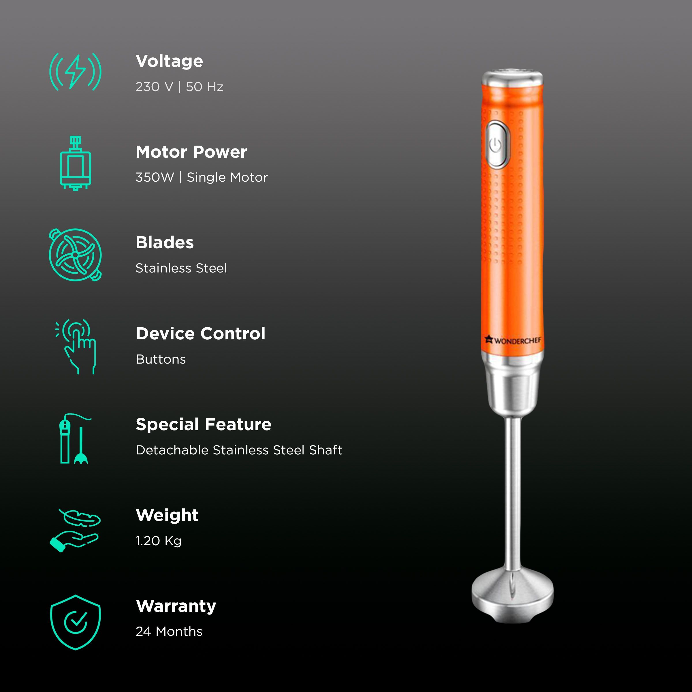 WONDERCHEF Regalia 350 Watt Hand Blender with 3 Attachments (Silent DC Motor, Orange)_2