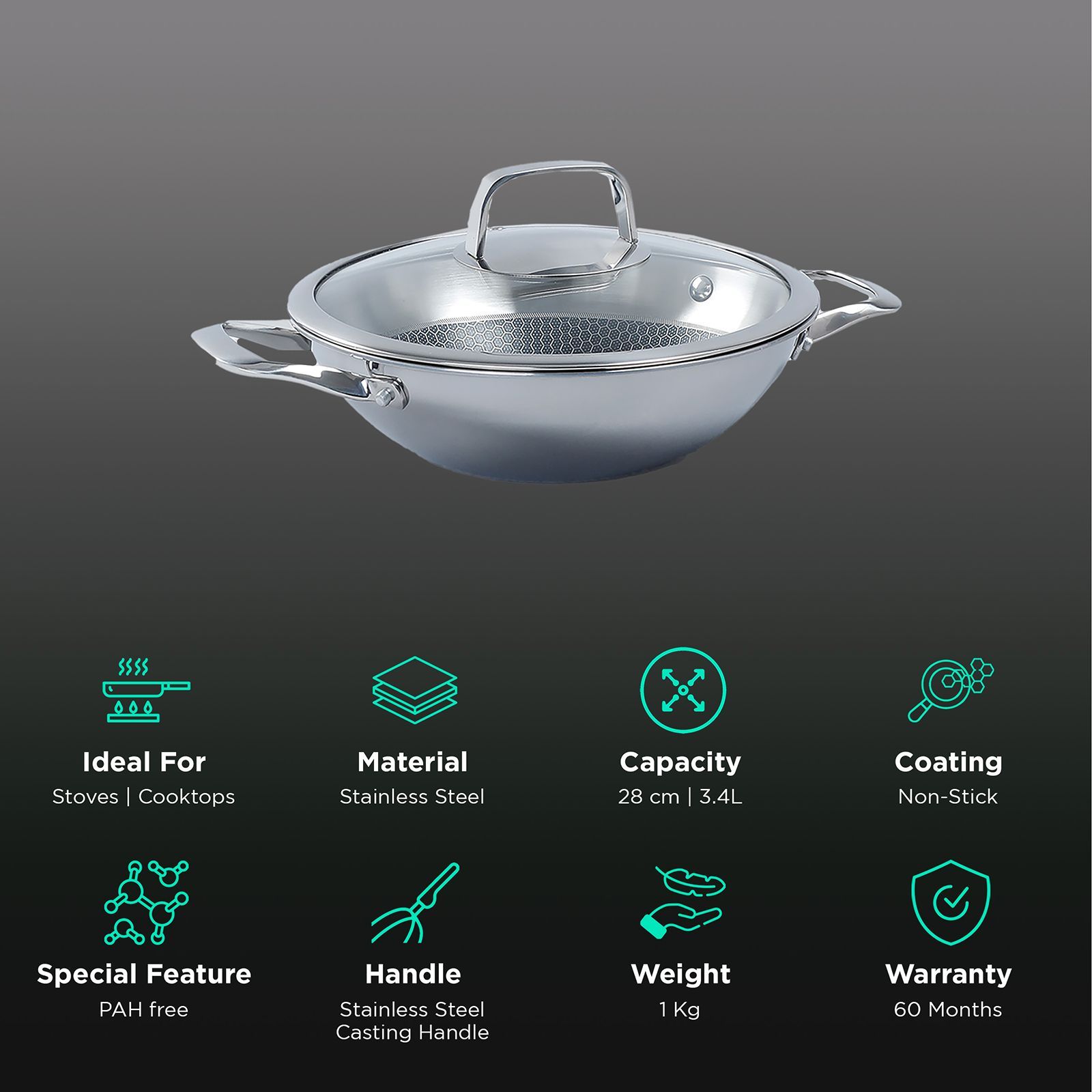 WONDERCHEF Stanton Wok with Lid (304 Stainless Steel Body, 63152779, Silver)_3