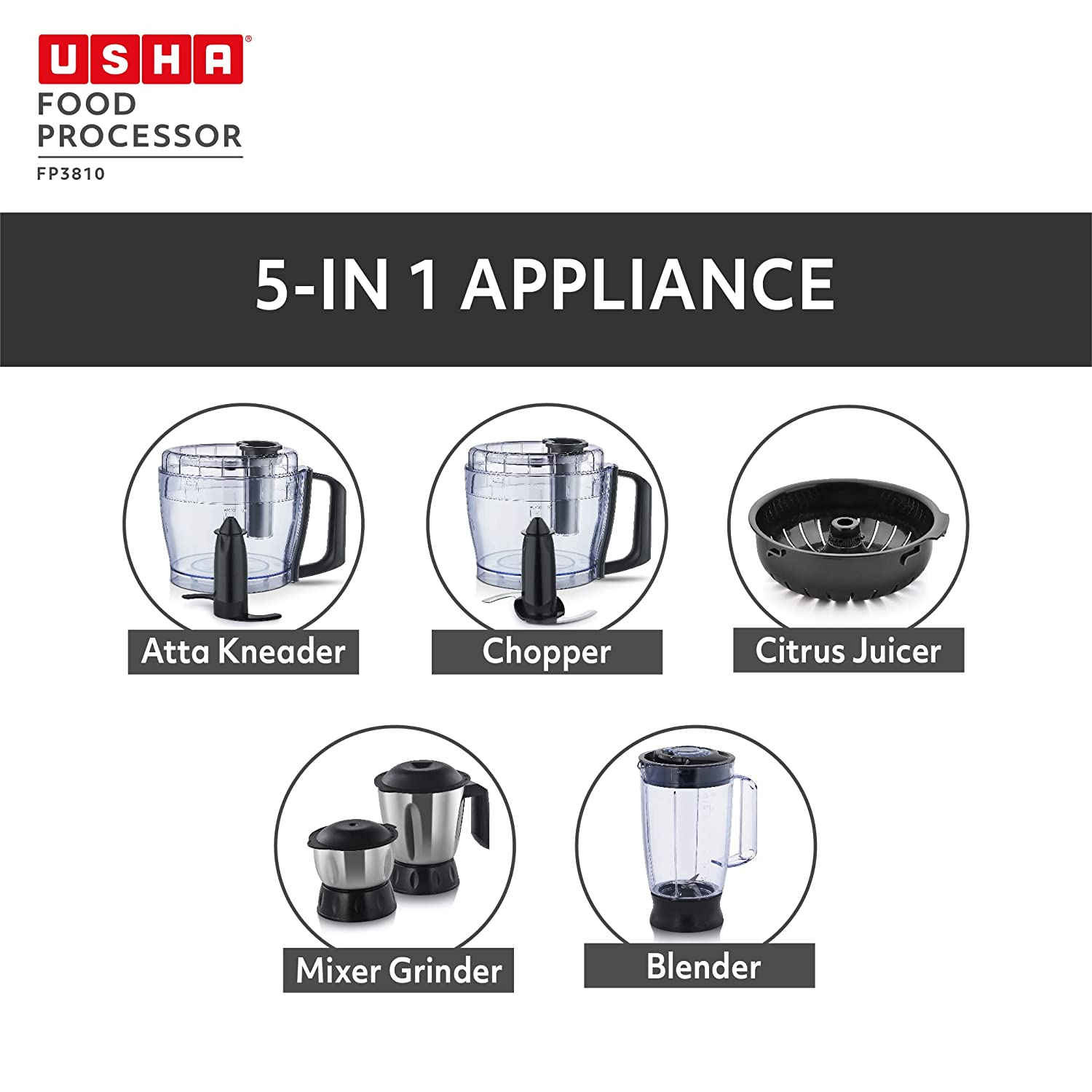 USHA FP 3810 1000 Watt Food Processor with 6 Blades (Black/Silver)_6