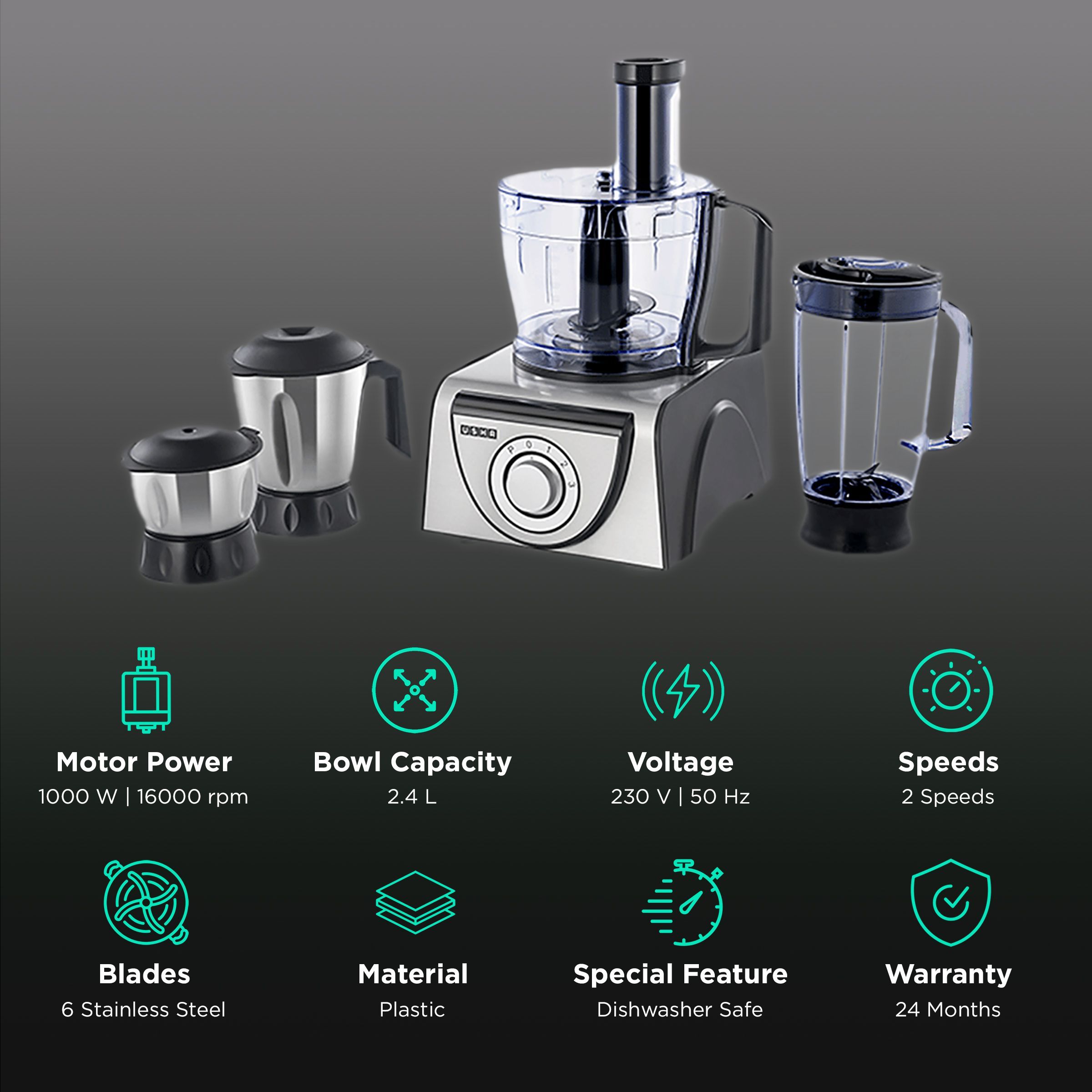 USHA FP 3810 1000 Watt Food Processor with 6 Blades (Black/Silver)_2