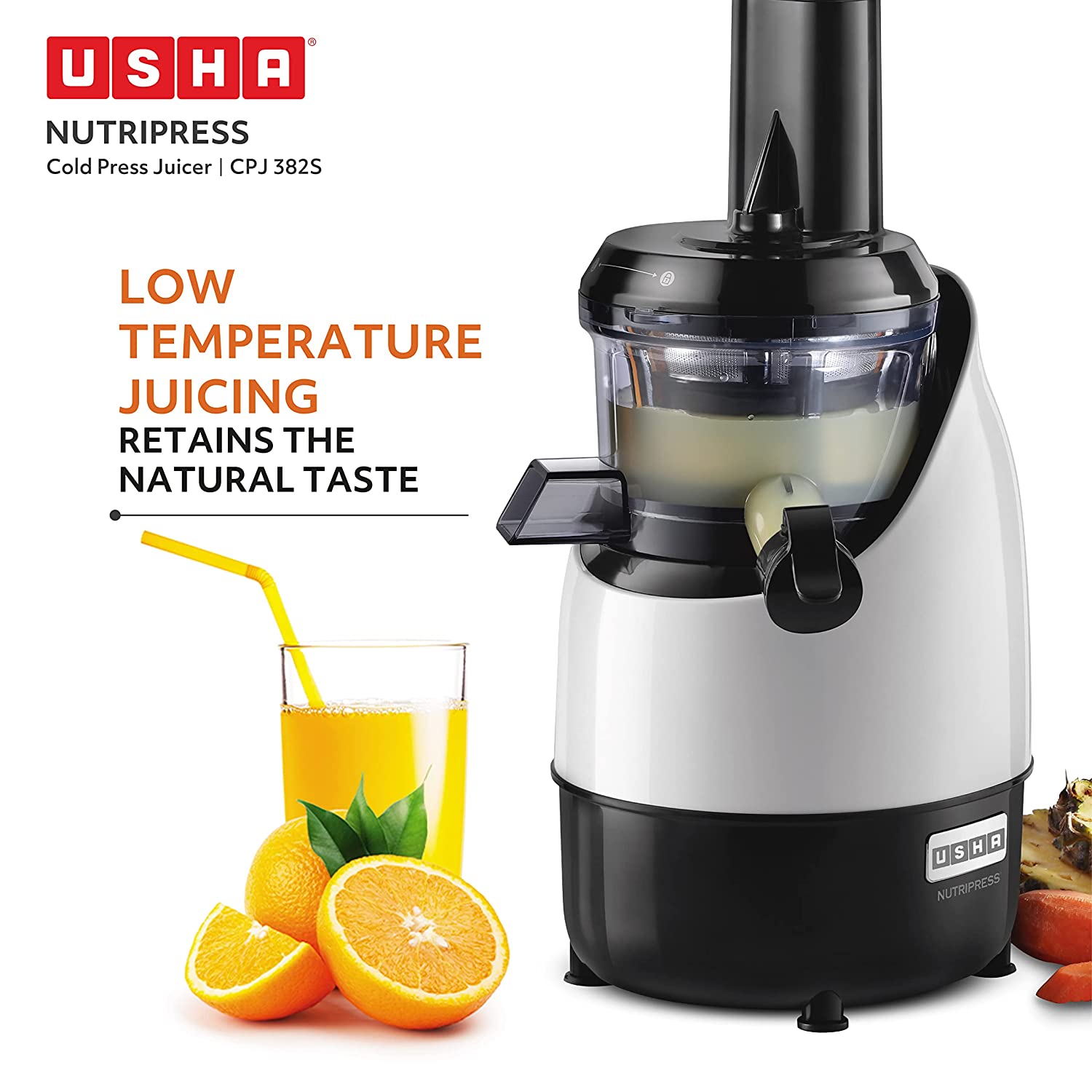 USHA NutriPress 200 Watt Cold Press Juicer (67 RPM, Safety Lock, Black/White)_6
