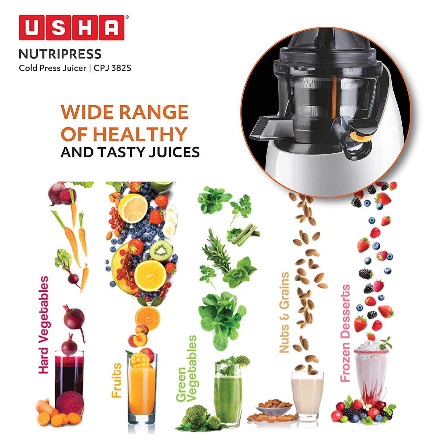 USHA NutriPress 200 Watt Cold Press Juicer (67 RPM, Safety Lock, Black/White)_8