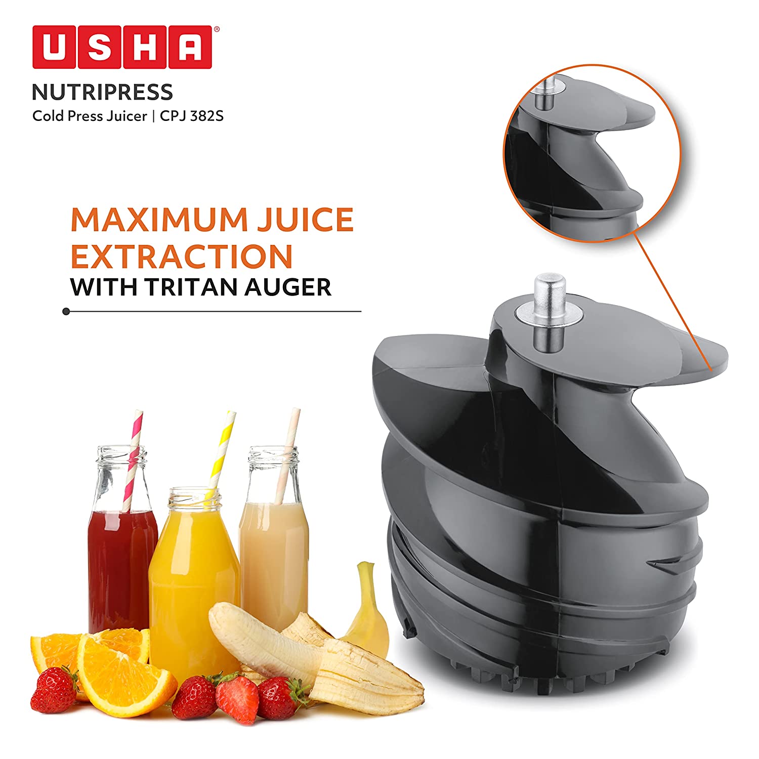 USHA NutriPress 200 Watt Cold Press Juicer (67 RPM, Safety Lock, Black/White)_9