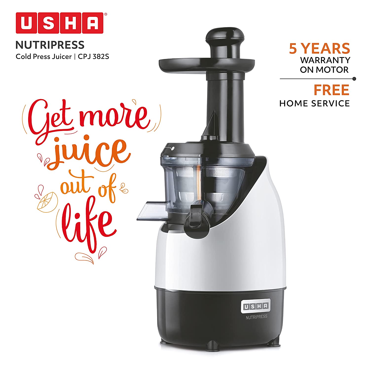USHA NutriPress 200 Watt Cold Press Juicer (67 RPM, Safety Lock, Black/White)_13