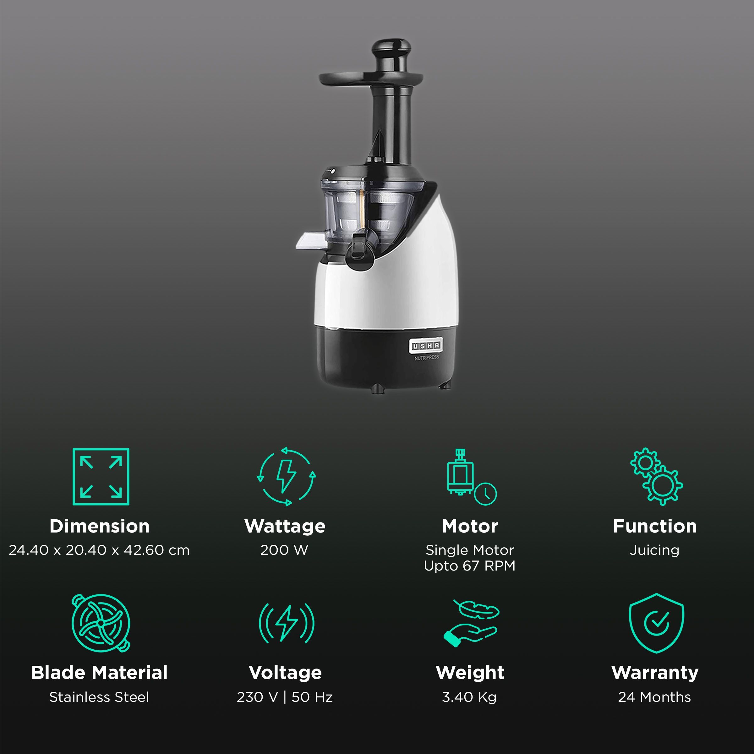 USHA NutriPress 200 Watt Cold Press Juicer (67 RPM, Safety Lock, Black/White)_2