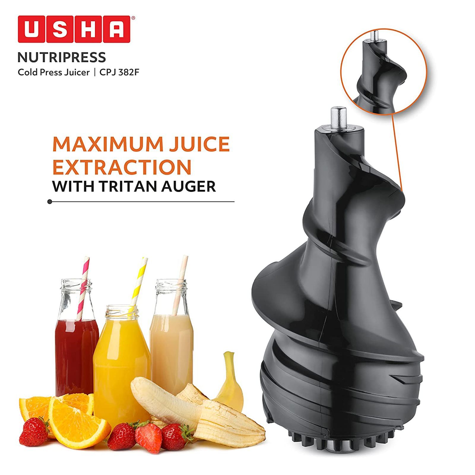 USHA NutriPress 200 Watt Cold Press Juicer (67 RPM, Low Temperature Technology, Black/White)_14