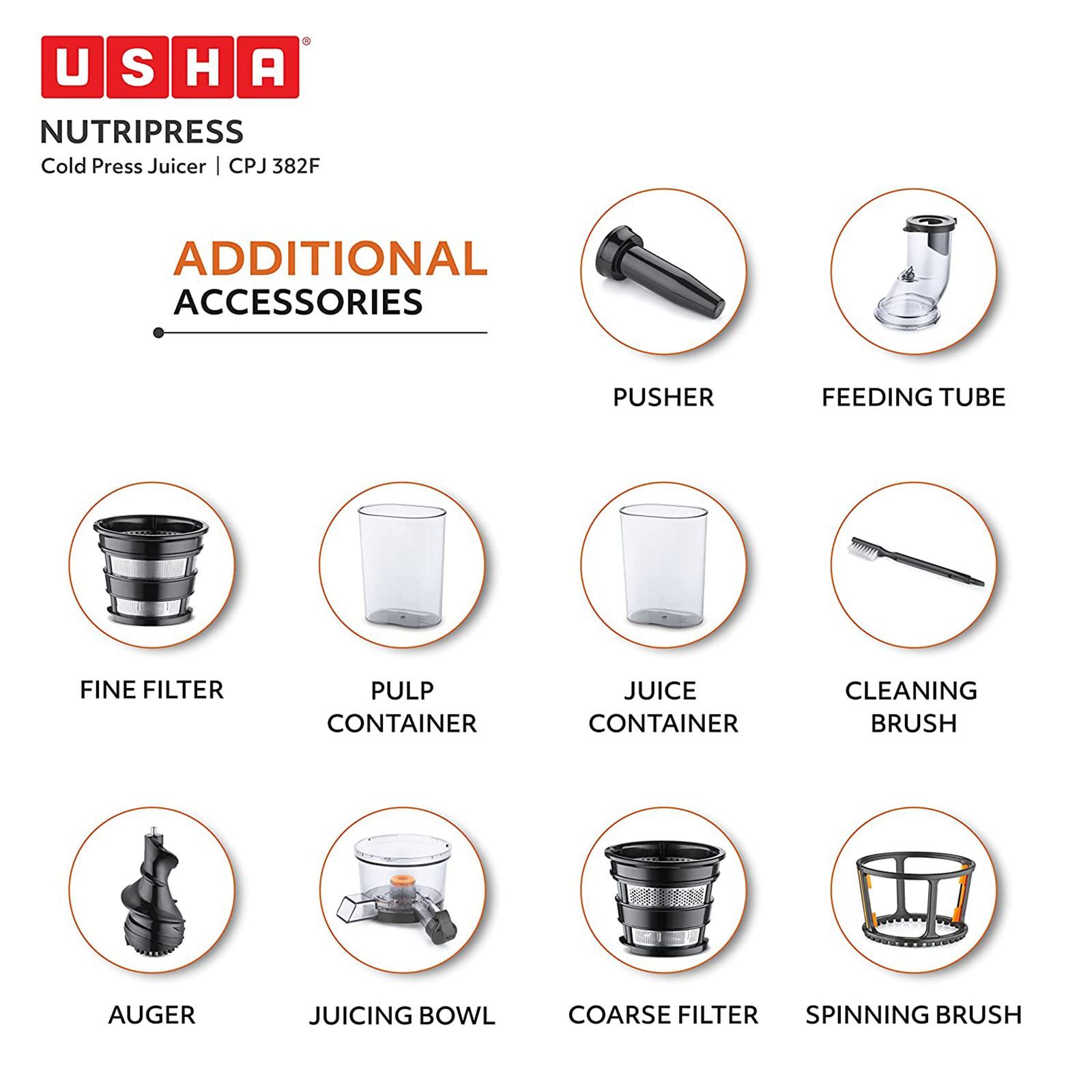 USHA NutriPress 200 Watt Cold Press Juicer (67 RPM, Low Temperature Technology, Black/White)_16