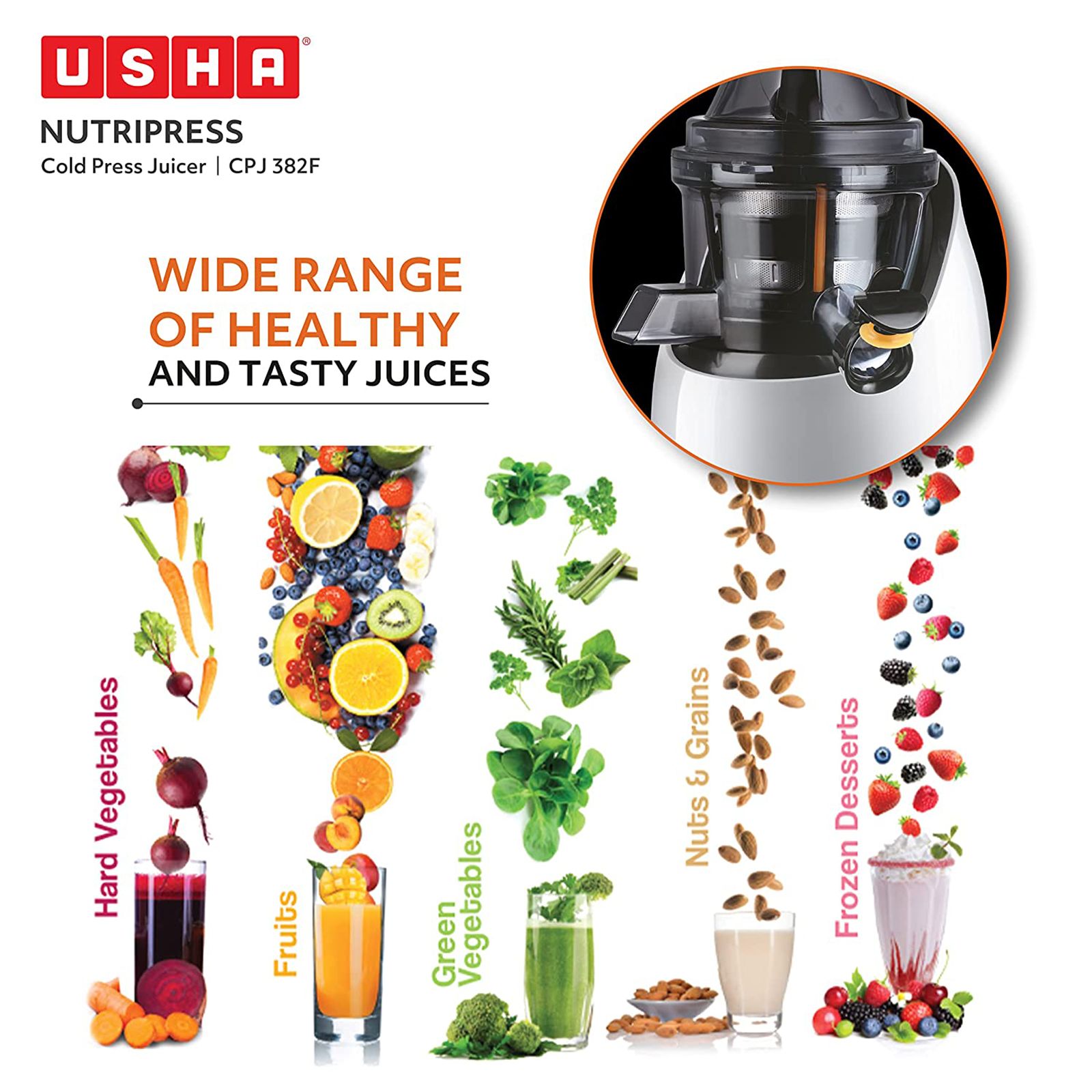 USHA NutriPress 200 Watt Cold Press Juicer (67 RPM, Low Temperature Technology, Black/White)_17