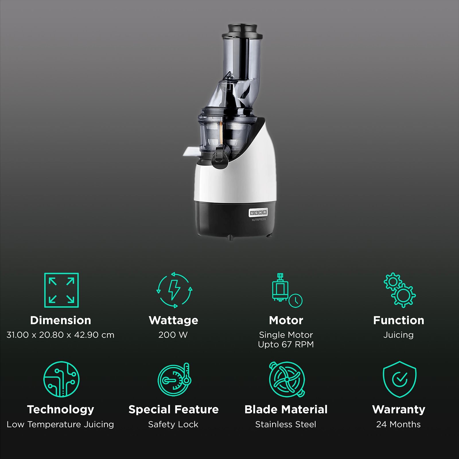 USHA NutriPress 200 Watt Cold Press Juicer (67 RPM, Low Temperature Technology, Black/White)_2