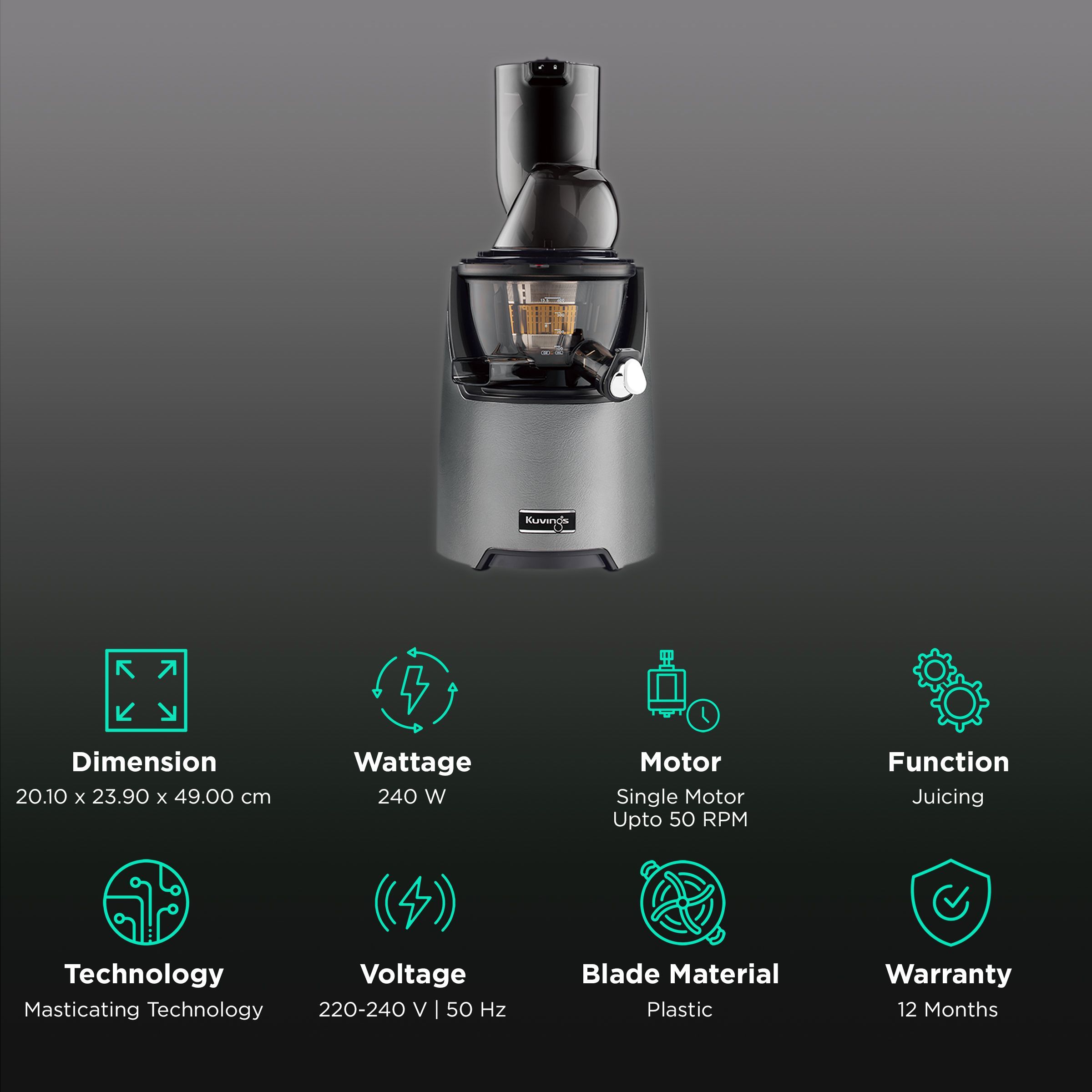 Kuvings EVO820 240 Watt 1 Jar Cold Press Slow Juicer (50 RPM, 3-in-1 Multi Function, Grey)_2