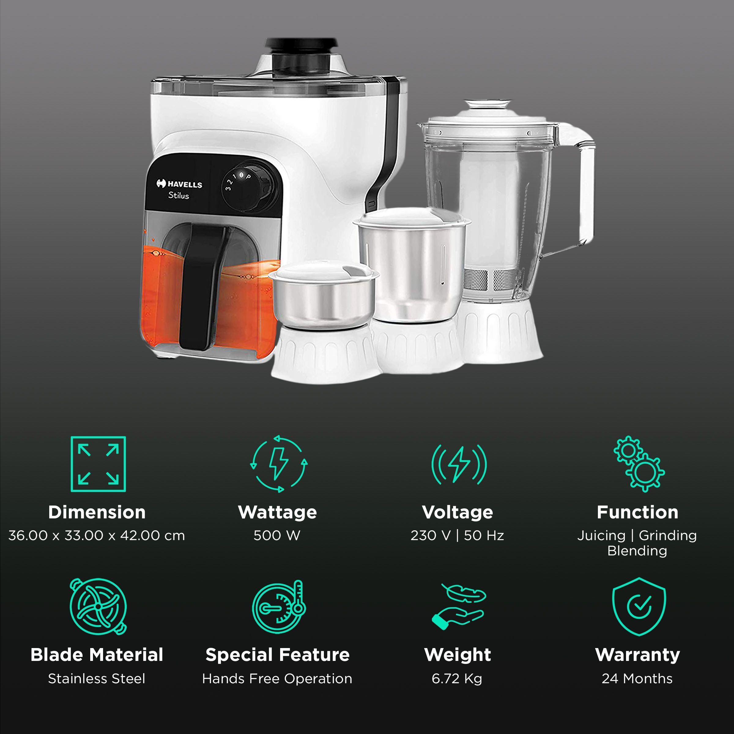 HAVELLS Stilus 500 Watt 4 Jars Juicer Mixer Grinder (LED Indicator, White)_2