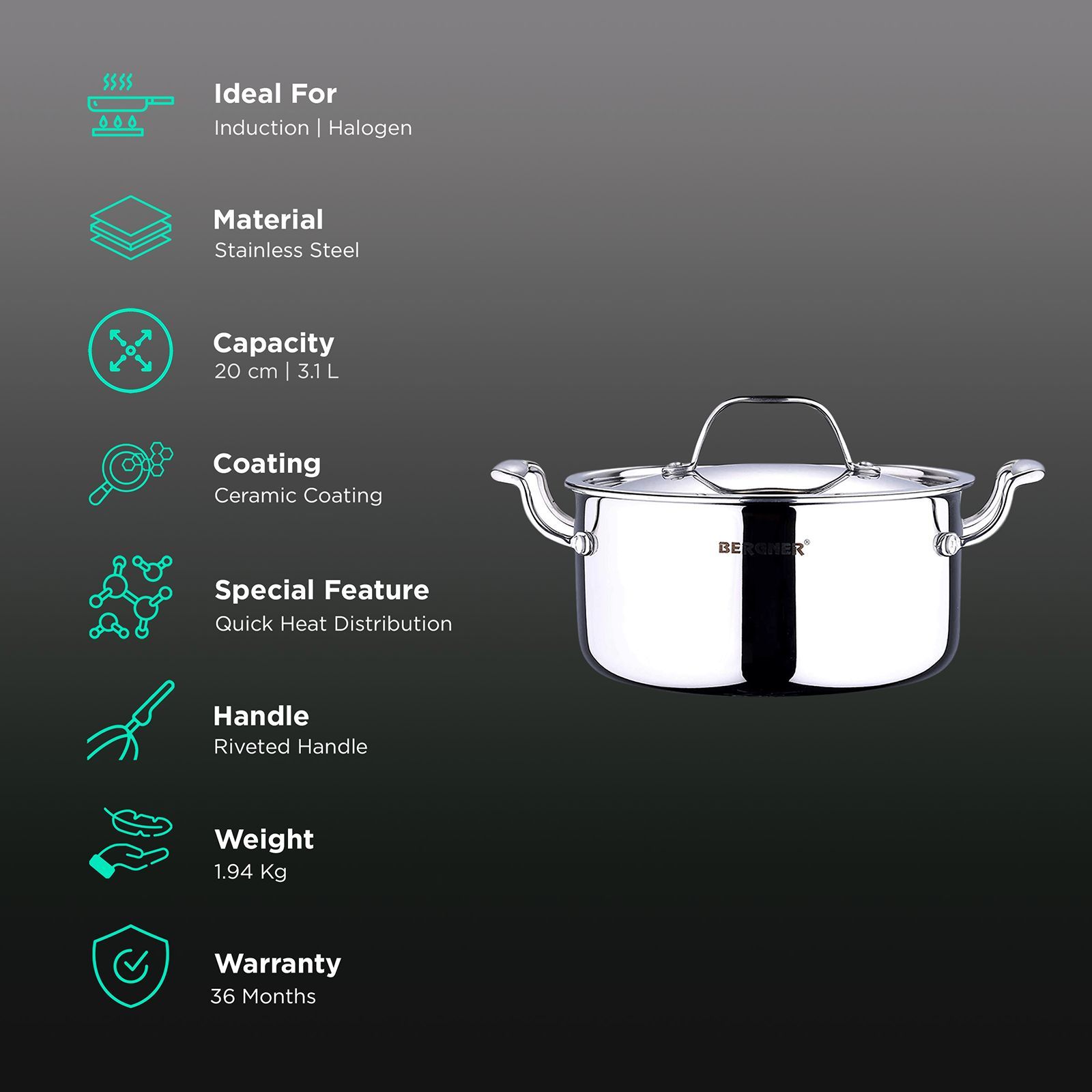 BERGNER Argent 3.1L Non Stick Stainless Steel Casserole with Stainless Steel Lid (Induction Compatible, Dishwasher Safe, Silver) BERGNER Argent 3.1L Non Stick Stainless Steel Casserole with Stainless Steel Lid (Induction Compatible, Dishwasher Safe, Silver)_3