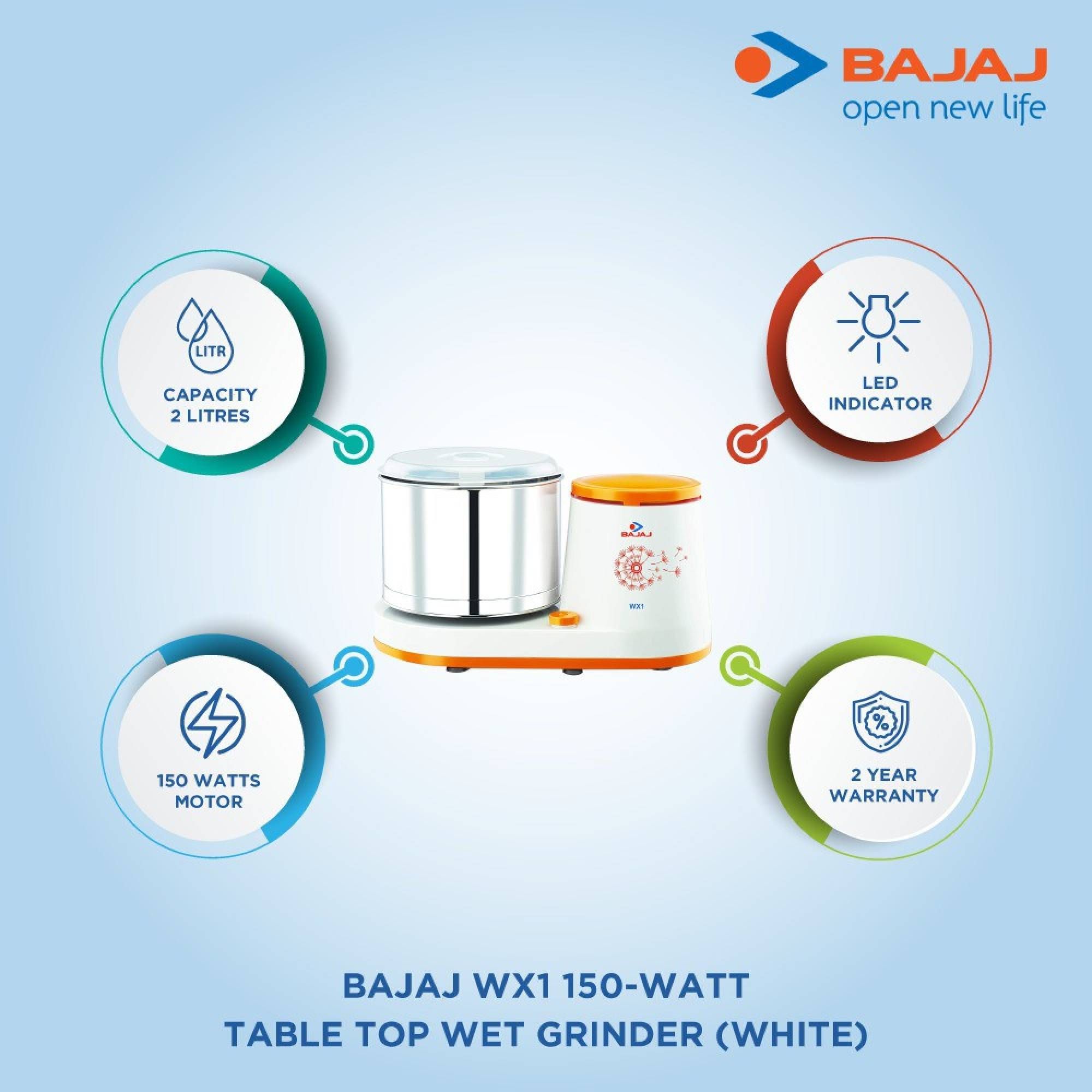BAJAJ WX1 2 Litres 2 Stones Wet Grinder (Powerful Motor, White/Orange) BAJAJ WX1 2 Litres 2 Stones Wet Grinder (Powerful Motor, White/Orange)_6