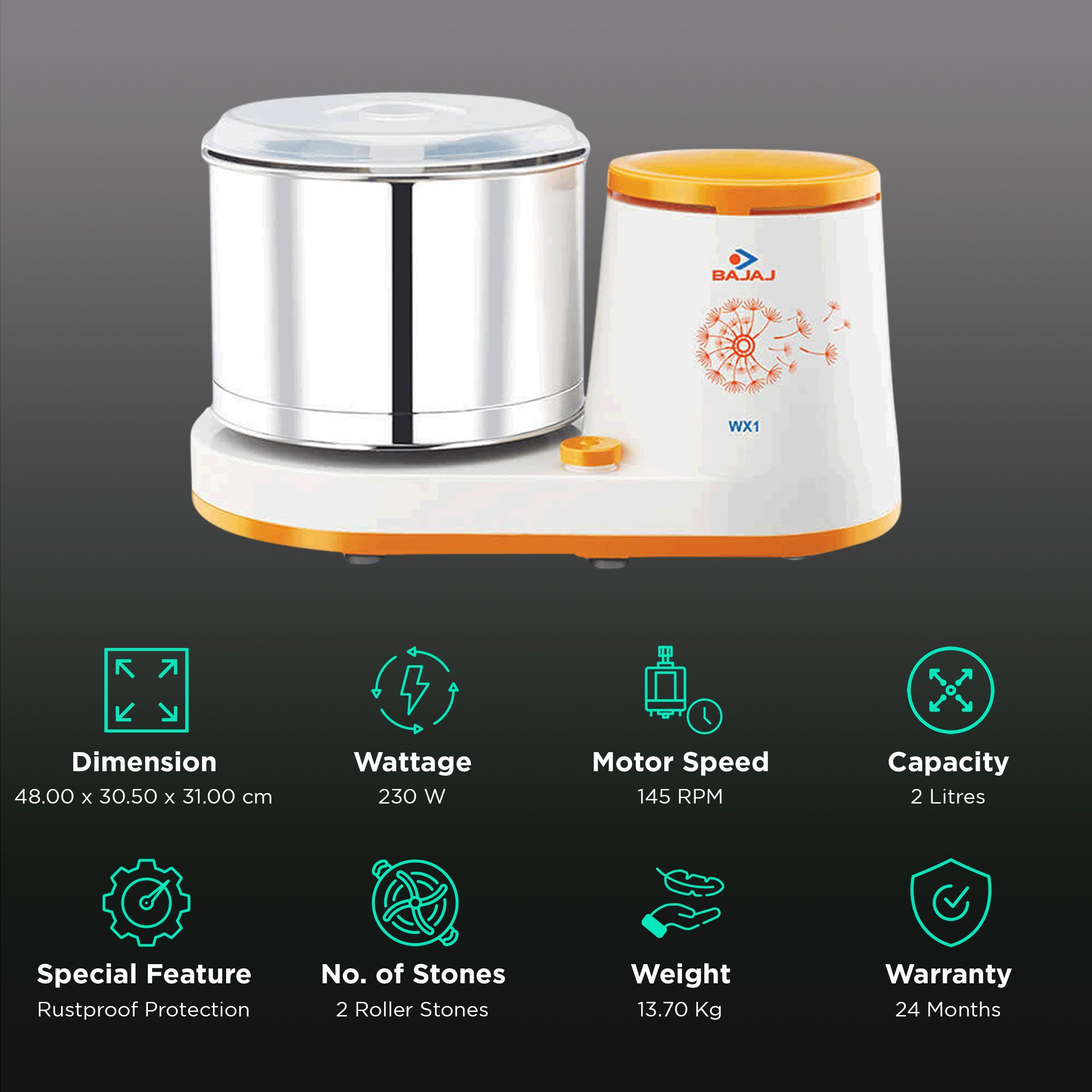 BAJAJ WX1 2 Litres 2 Stones Wet Grinder (Powerful Motor, White/Orange) BAJAJ WX1 2 Litres 2 Stones Wet Grinder (Powerful Motor, White/Orange)_2