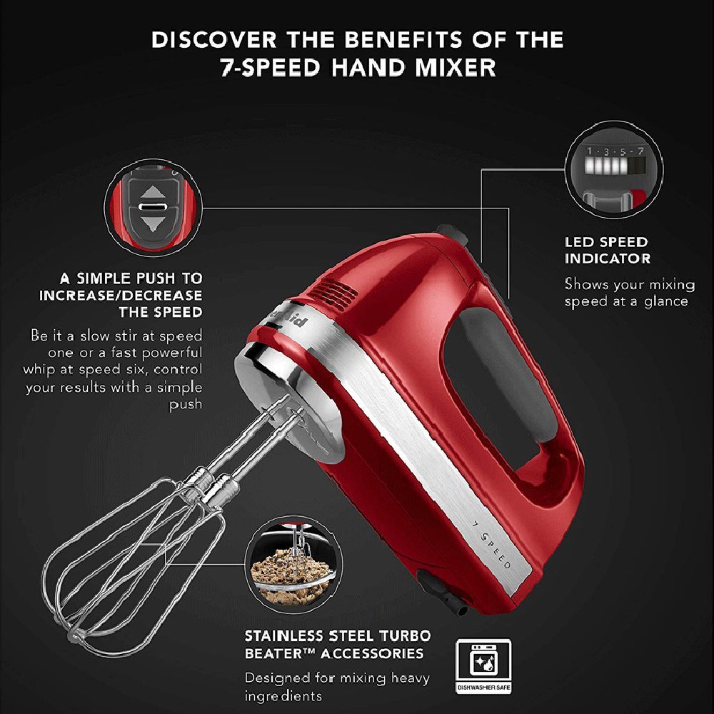 KitchenAid 85 Watt 7 Speed Hand Mixer with 3 Attachments (Soft Start Feature, Red)_6