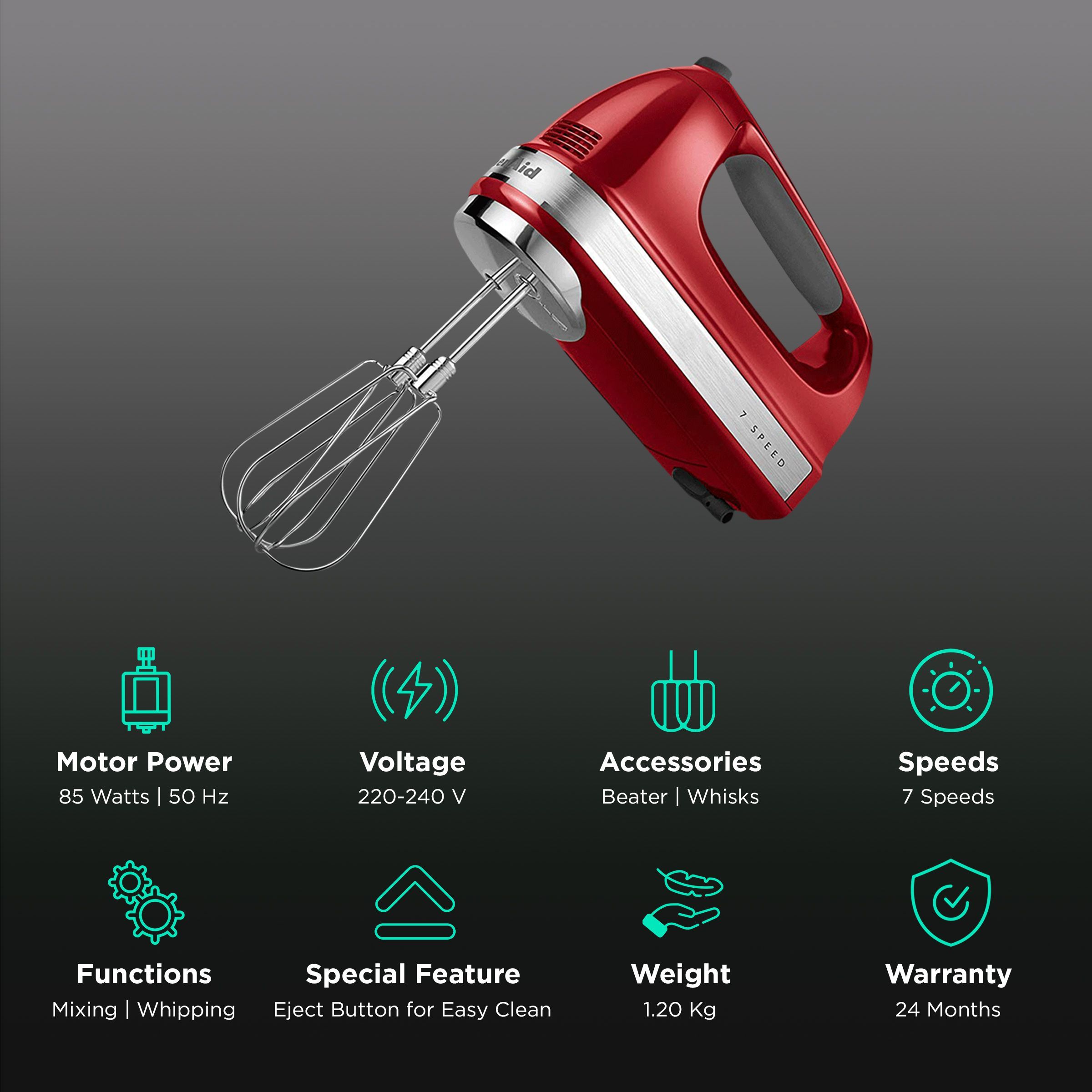 KitchenAid 85 Watt 7 Speed Hand Mixer with 3 Attachments (Soft Start Feature, Red)_2