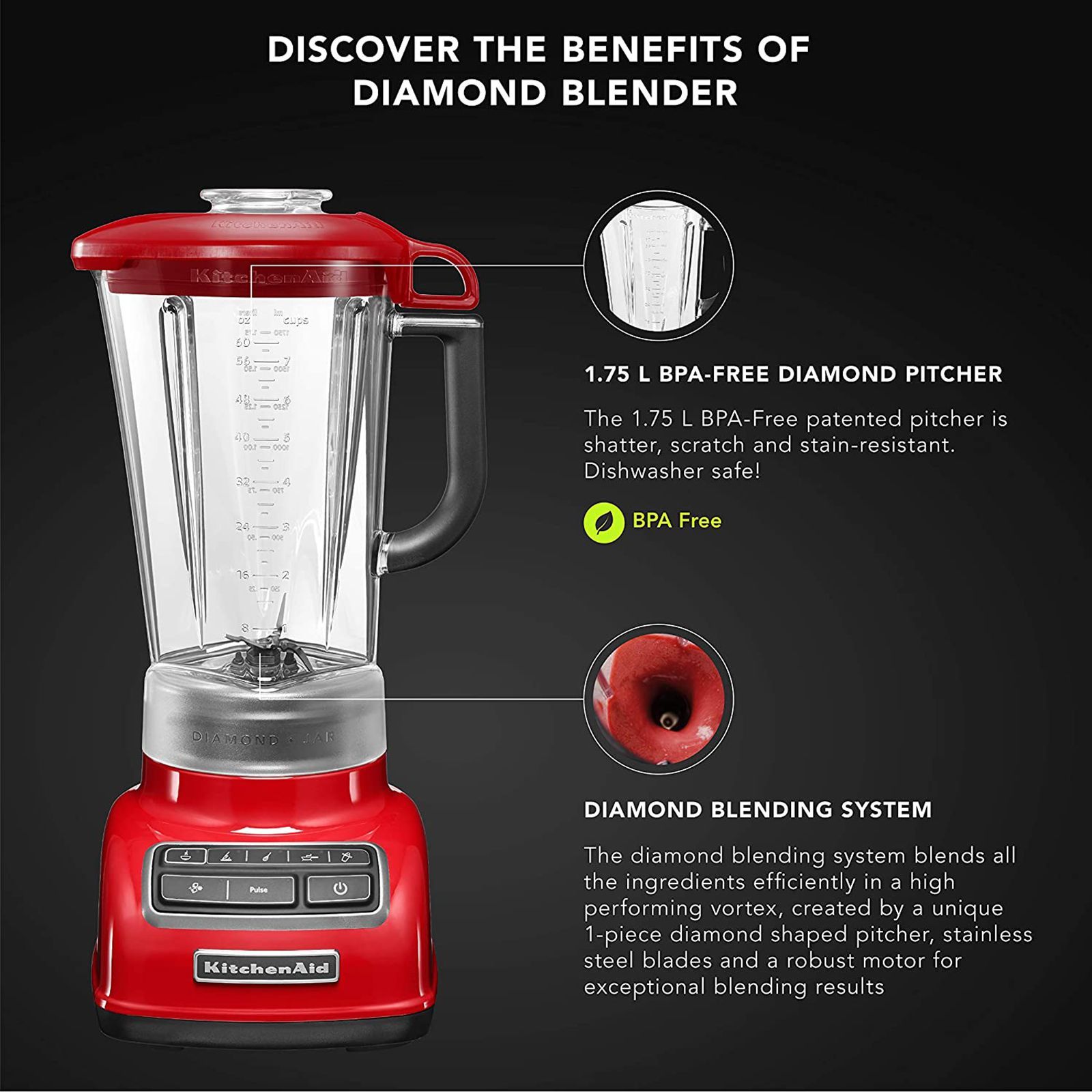 KitchenAid Artisan 550 Watt 1 Jar Diamond Blender (11500 RPM, Intelli-Speed Motor Control, Empire Red)_7