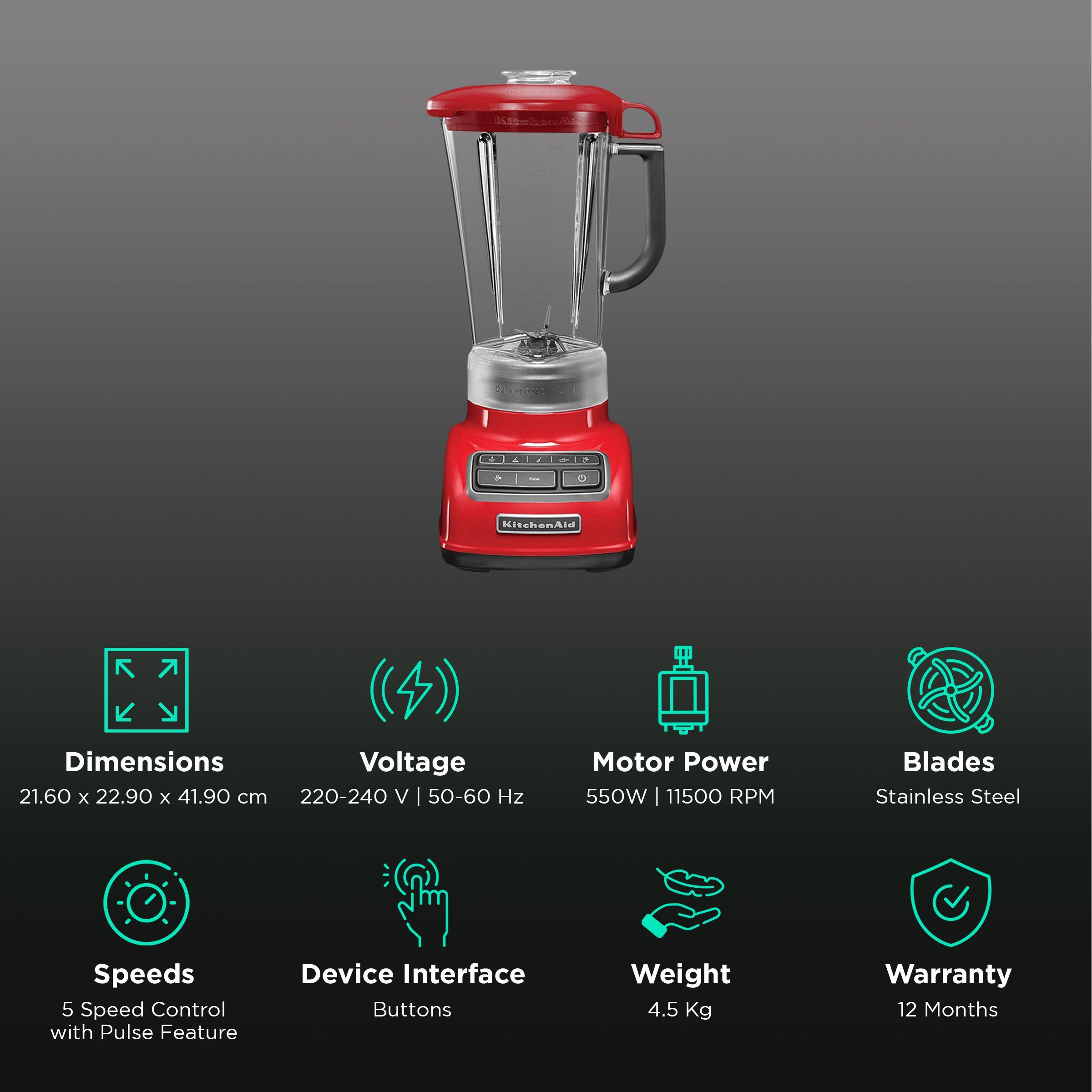KitchenAid Artisan 550 Watt 1 Jar Diamond Blender (11500 RPM, Intelli-Speed Motor Control, Empire Red)_2