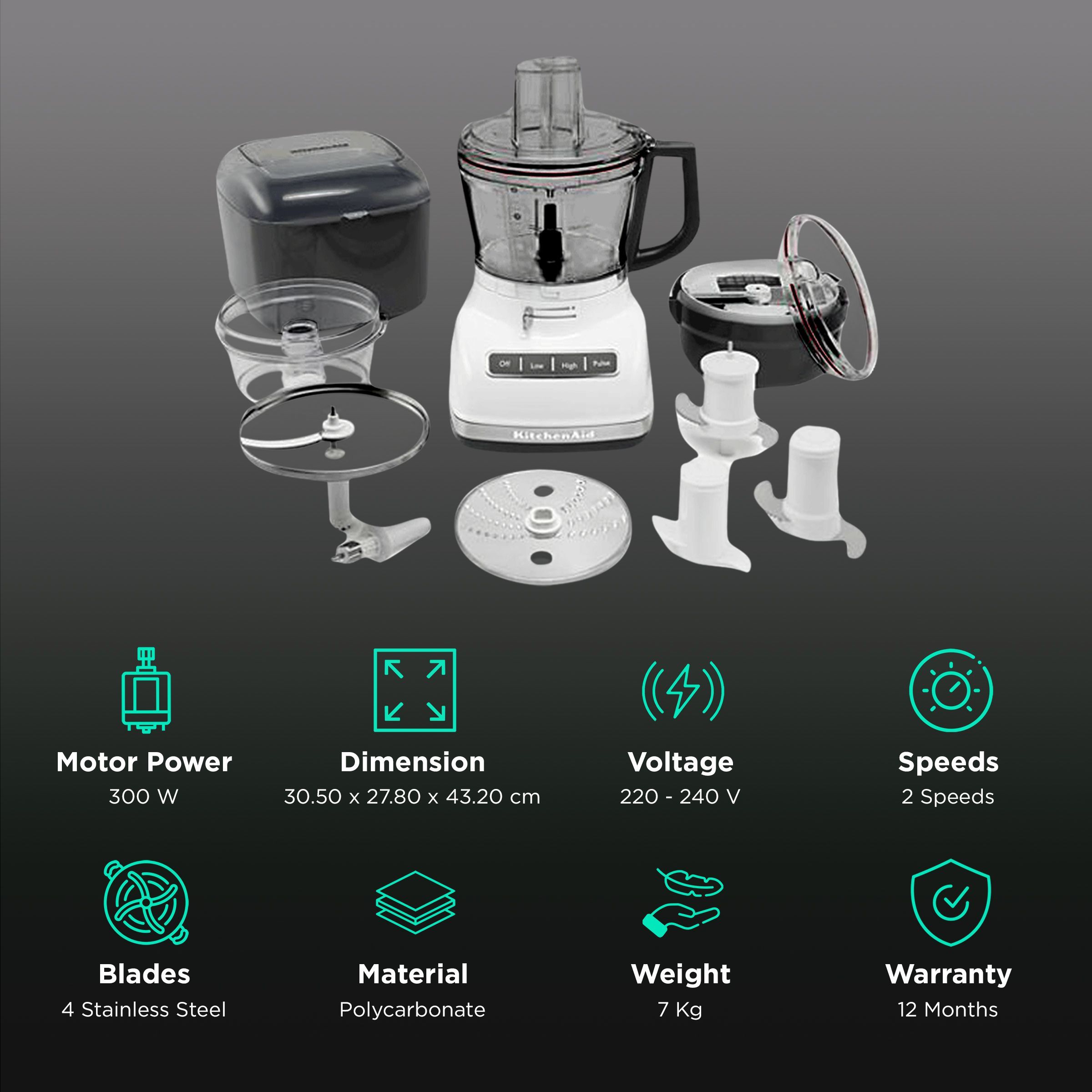 KitchenAid 300 Watt Food Processor with 4 Blades (White)_2