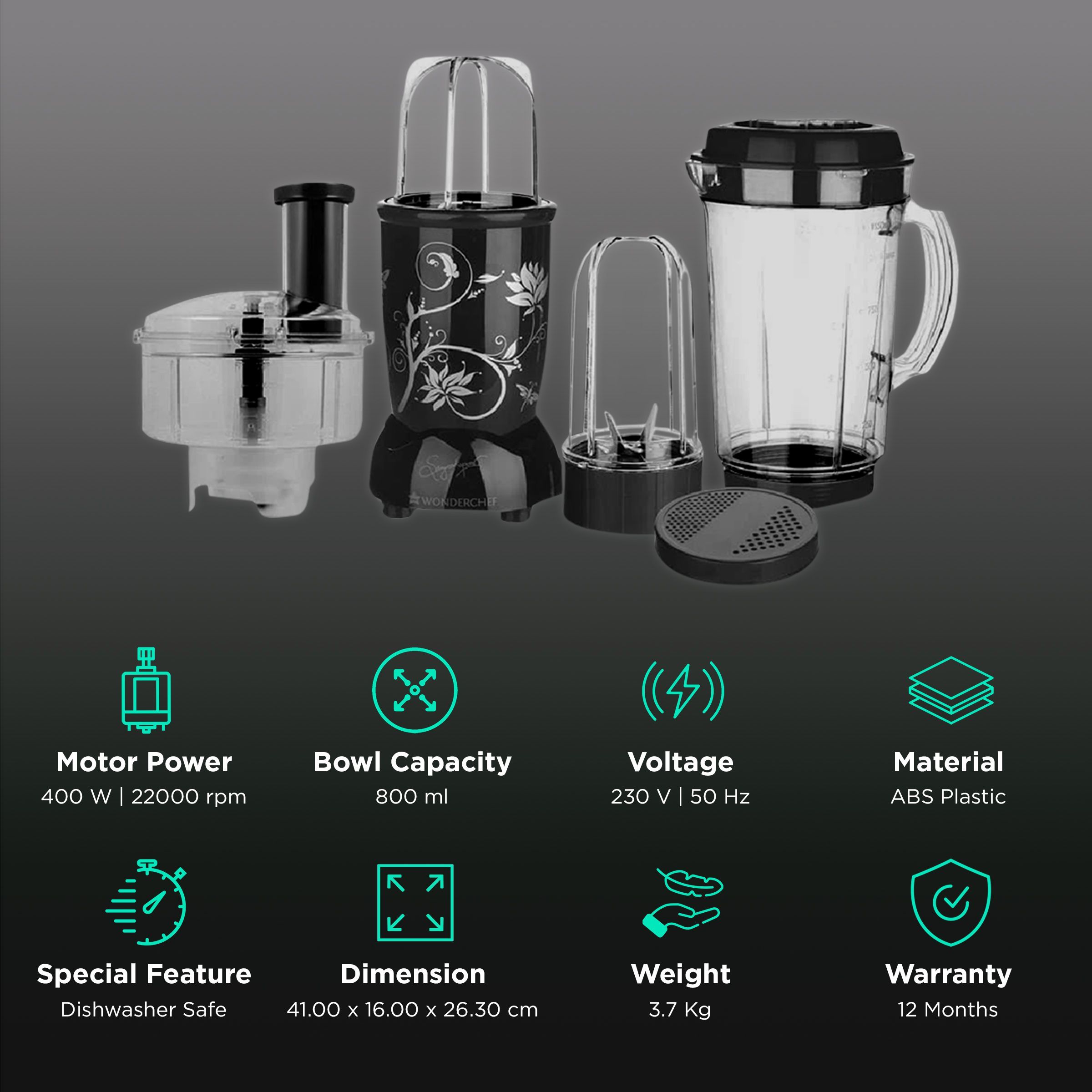 WONDERCHEF Nutri-Blend Compact 400 Watt Food Processor with 4 Blades (Black)_2