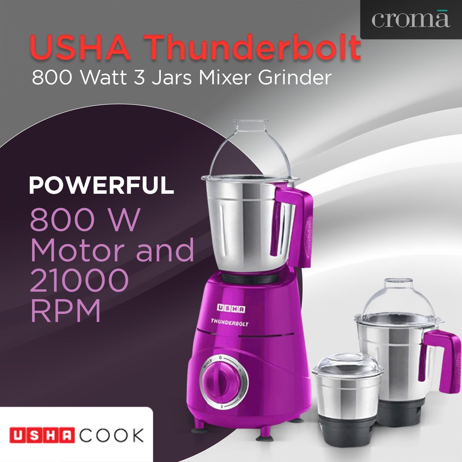 USHA Thunderbolt 800 Watt 3 Jars Mixer Grinder (21000 RPM, Overload Protection, Magenta)_10