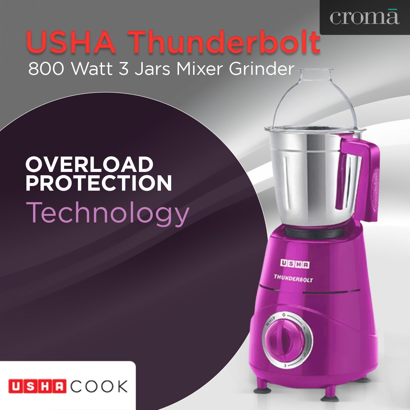 USHA Thunderbolt 800 Watt 3 Jars Mixer Grinder (21000 RPM, Overload Protection, Magenta)_12