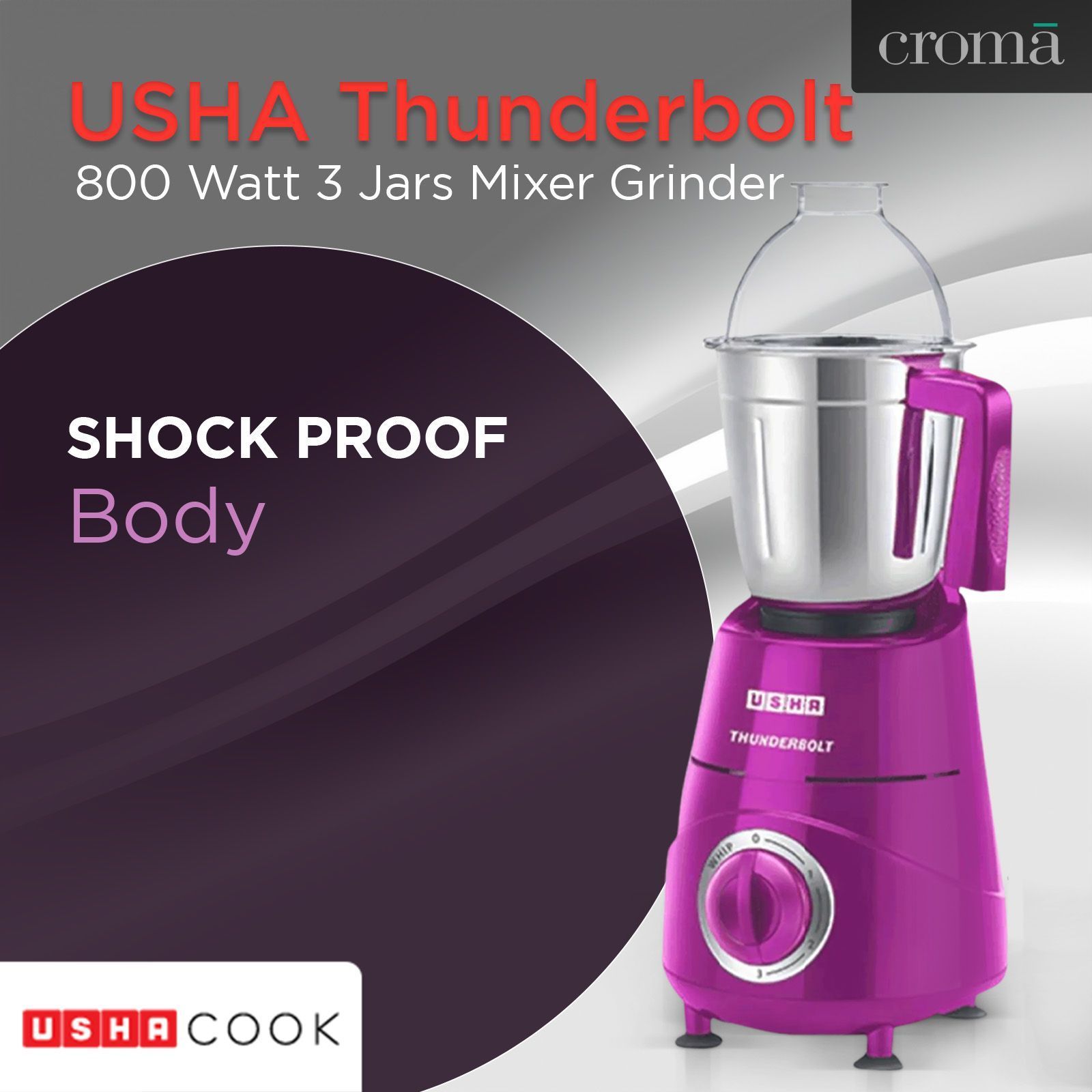 USHA Thunderbolt 800 Watt 3 Jars Mixer Grinder (21000 RPM, Overload Protection, Magenta)_13