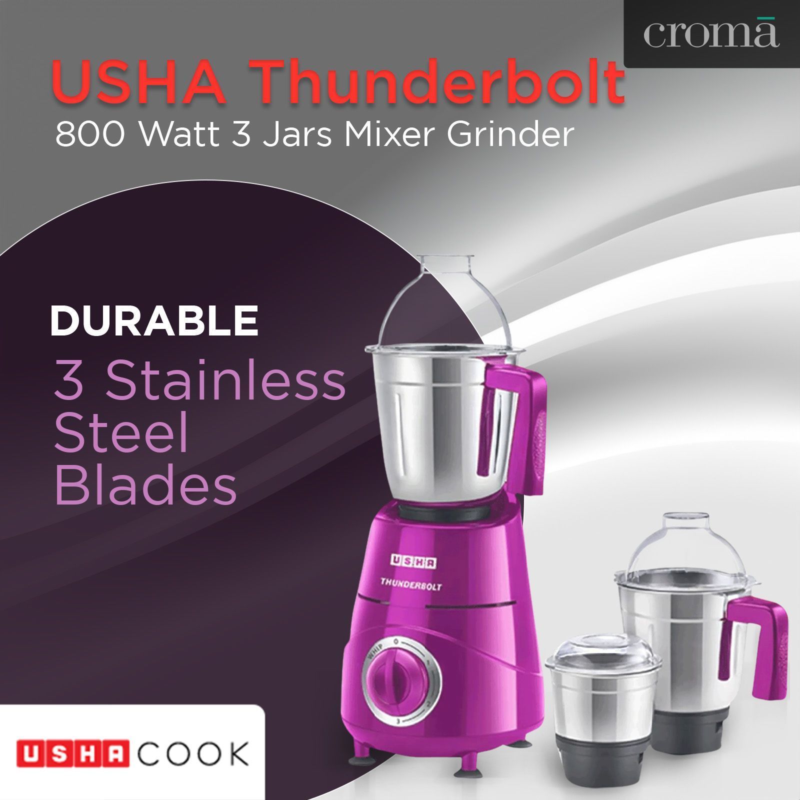 USHA Thunderbolt 800 Watt 3 Jars Mixer Grinder (21000 RPM, Overload Protection, Magenta)_14