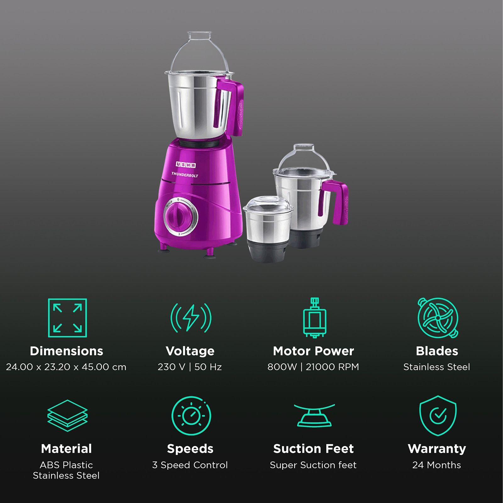 USHA Thunderbolt 800 Watt 3 Jars Mixer Grinder (21000 RPM, Overload Protection, Magenta)_2