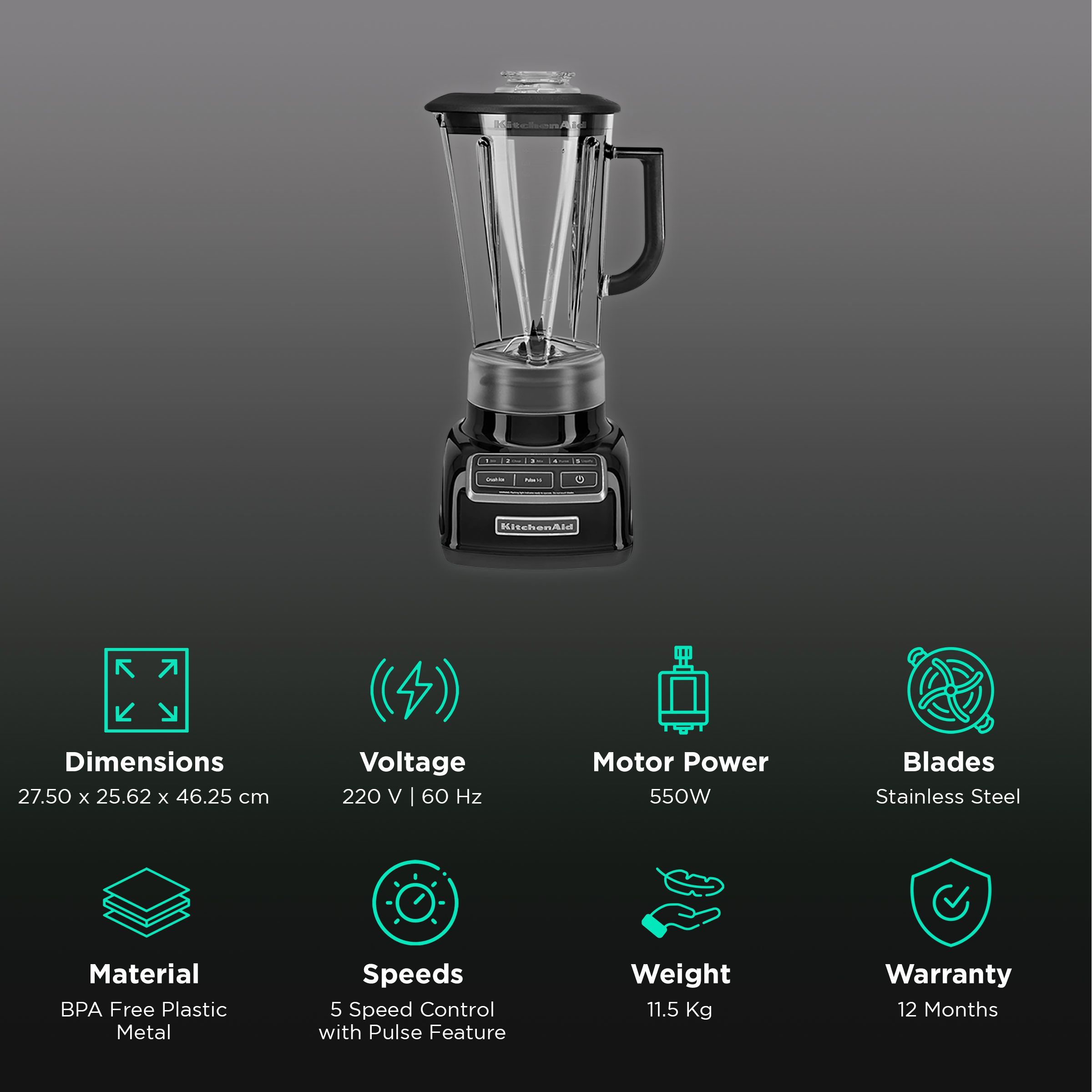 KitchenAid Classic 550 Watt 1 Jar Diamond Blender (Intelli-Speed Motor Control, Onyx Black) KitchenAid Classic 550 Watt 1 Jar Diamond Blender (Intelli-Speed Motor Control, Onyx Black)_2