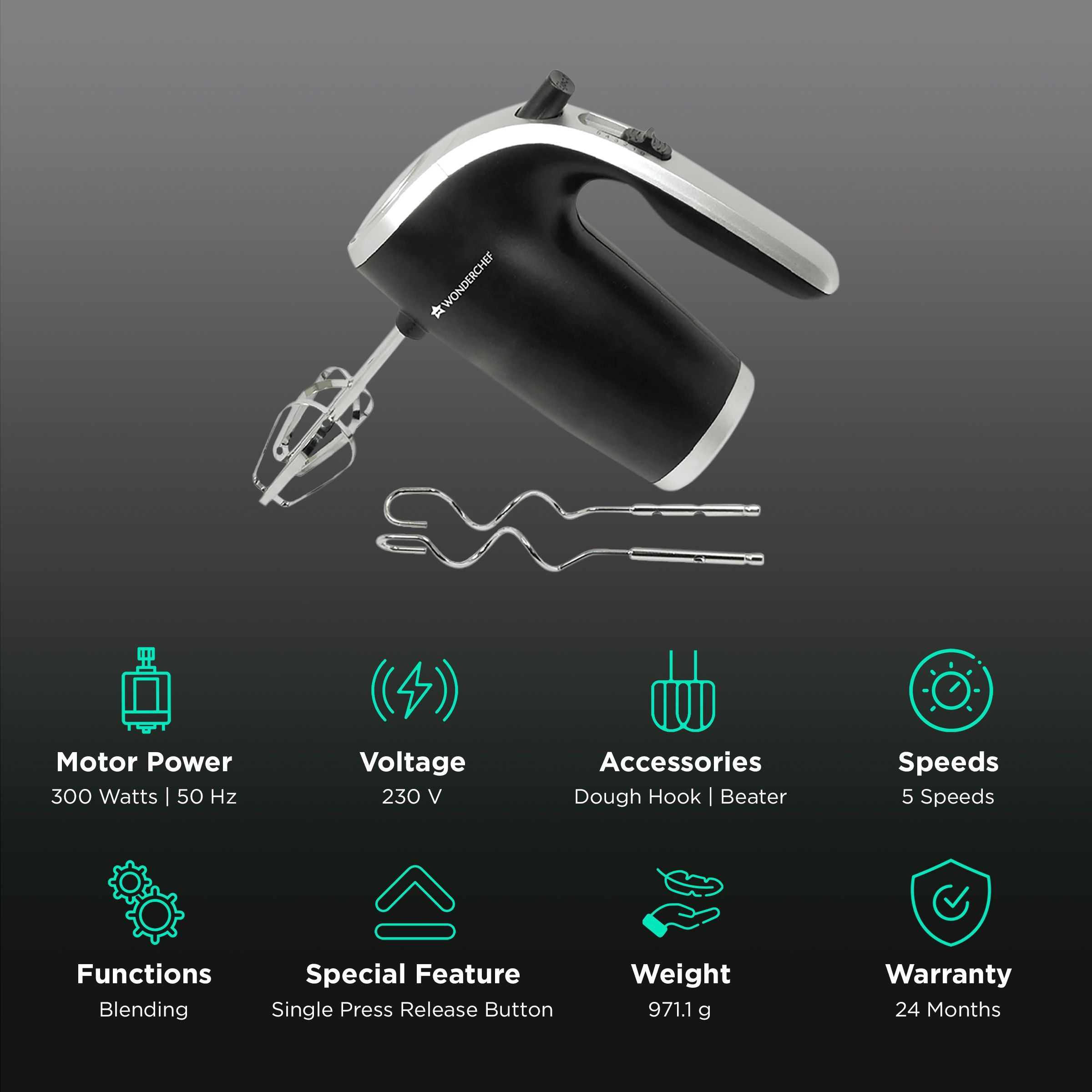 WONDERCHEF Onyx 300 Watt 5 Speed Hand Mixer with 2 Attachments (Ergonomic Handle, Black/Silver)_2