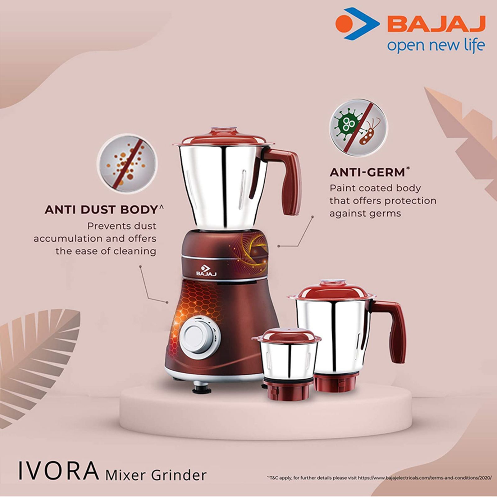 BAJAJ Ivora 800 Watt 3 Jars Mixer Grinder (18000 RPM, Nutri Pro Feature, Crimson Red) BAJAJ Ivora 800 Watt 3 Jars Mixer Grinder (18000 RPM, Nutri Pro Feature, Crimson Red)_8