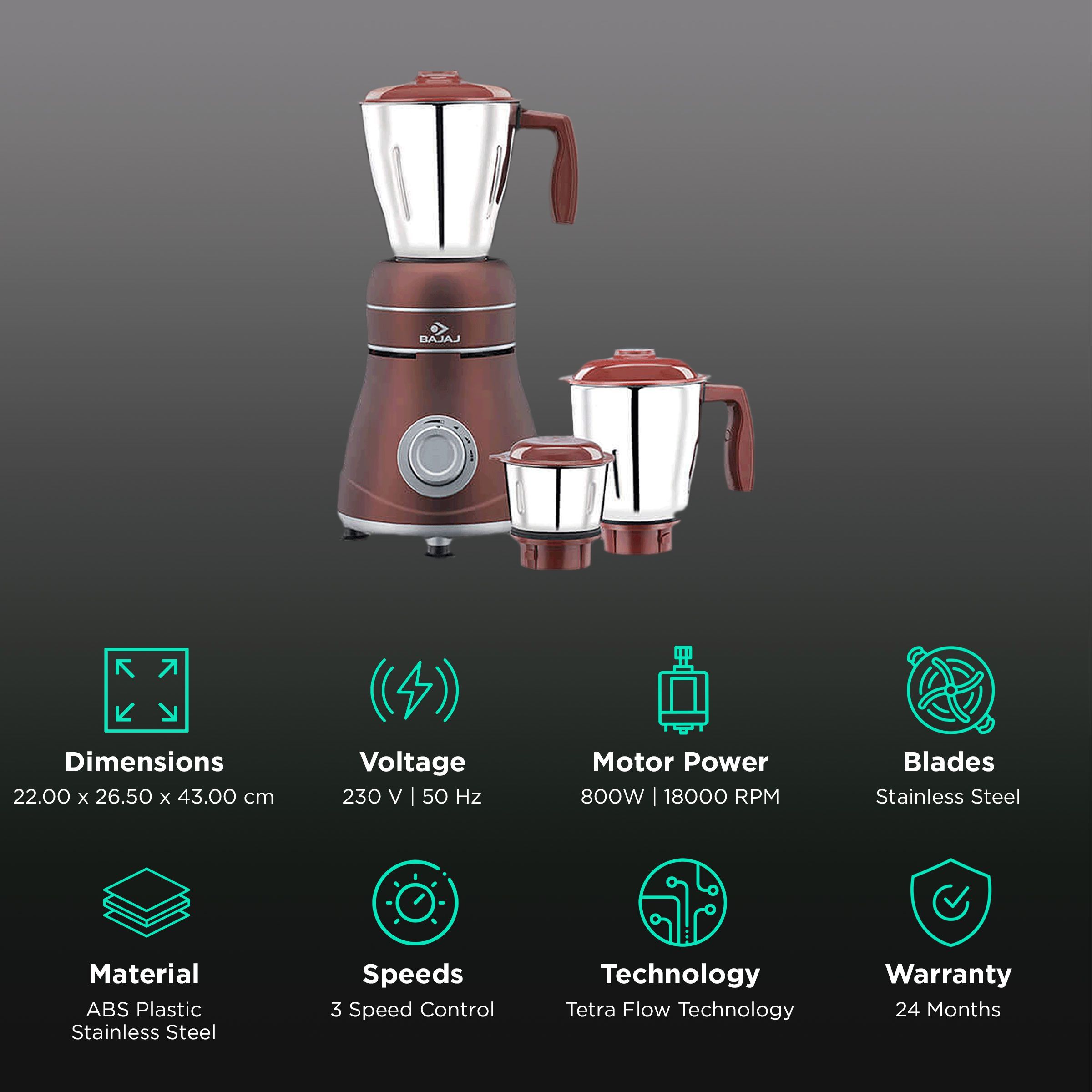 BAJAJ Ivora 800 Watt 3 Jars Mixer Grinder (18000 RPM, Nutri Pro Feature, Crimson Red) BAJAJ Ivora 800 Watt 3 Jars Mixer Grinder (18000 RPM, Nutri Pro Feature, Crimson Red)_2