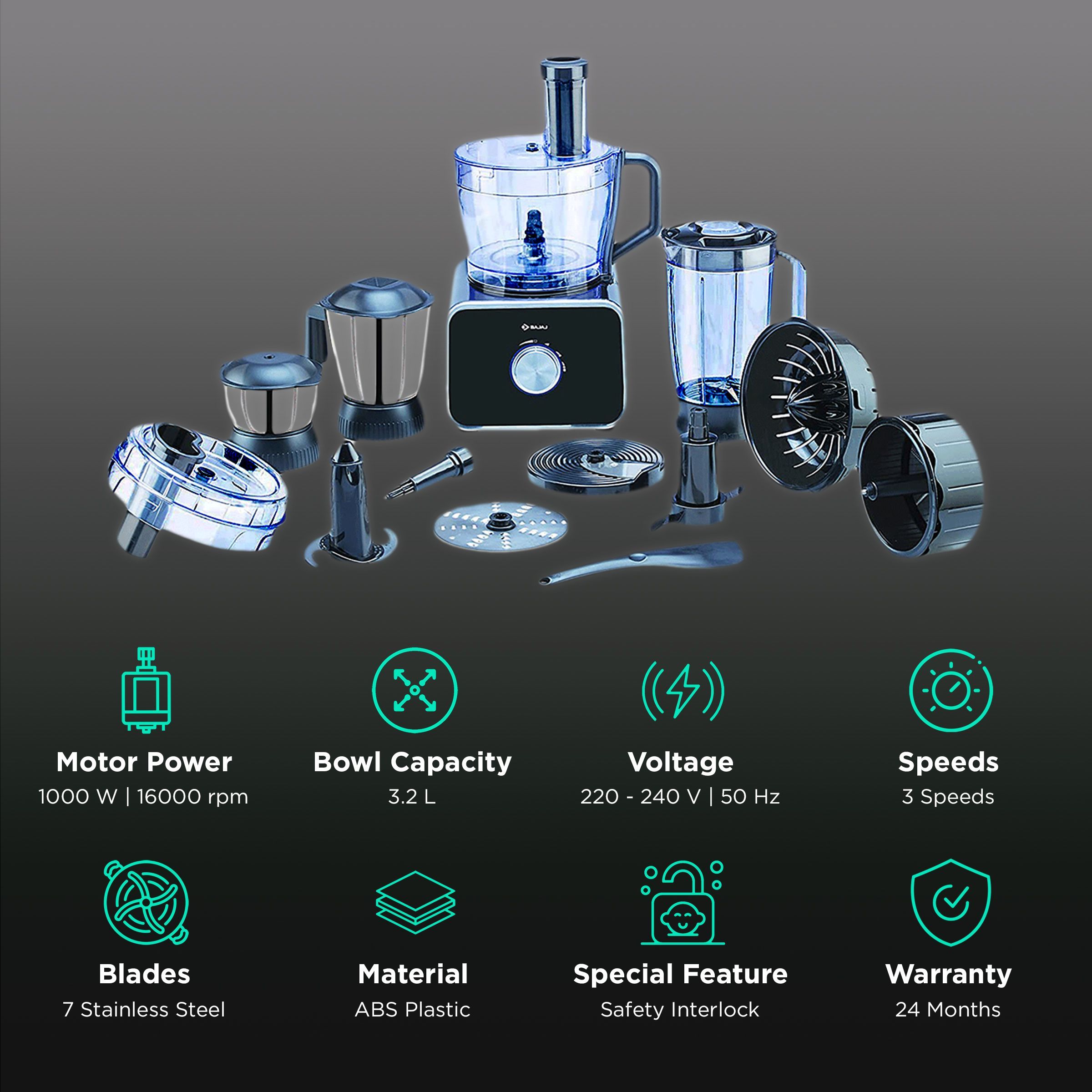 BAJAJ FX 1000 DLX 1000 Watt Food Processor with 6 Blades (Black)_2