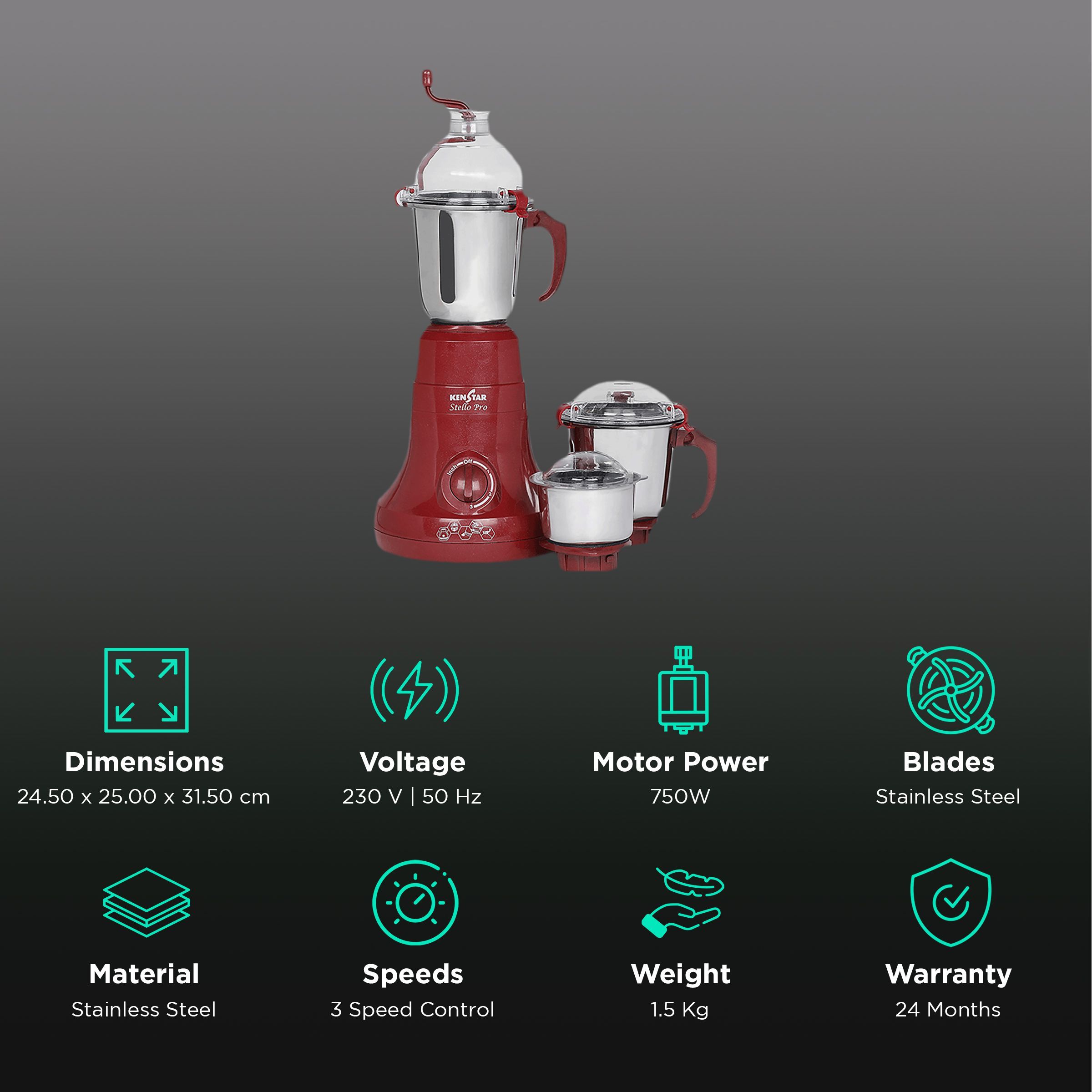 KENSTAR Stello Pro 750 Watt 3 Jars Mixer Grinder (Hands-free Operation, Red)_2