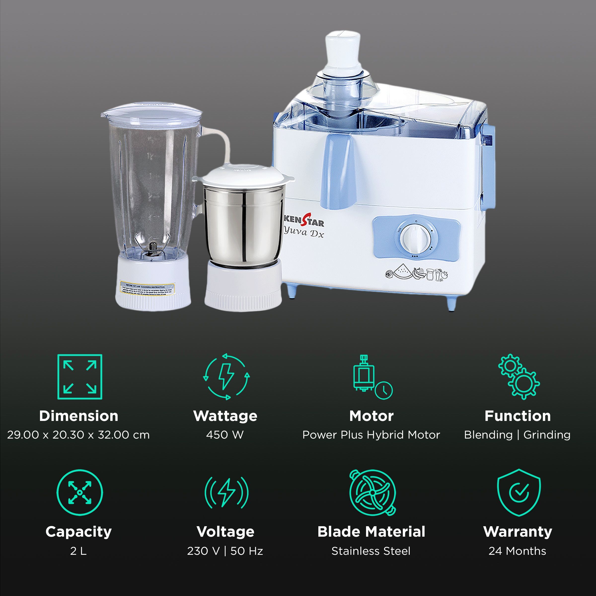 KENSTAR Yuva Dx 450 Watt 2 Jars Juicer Mixer Grinder (Hybrid Motor, Blue)_2