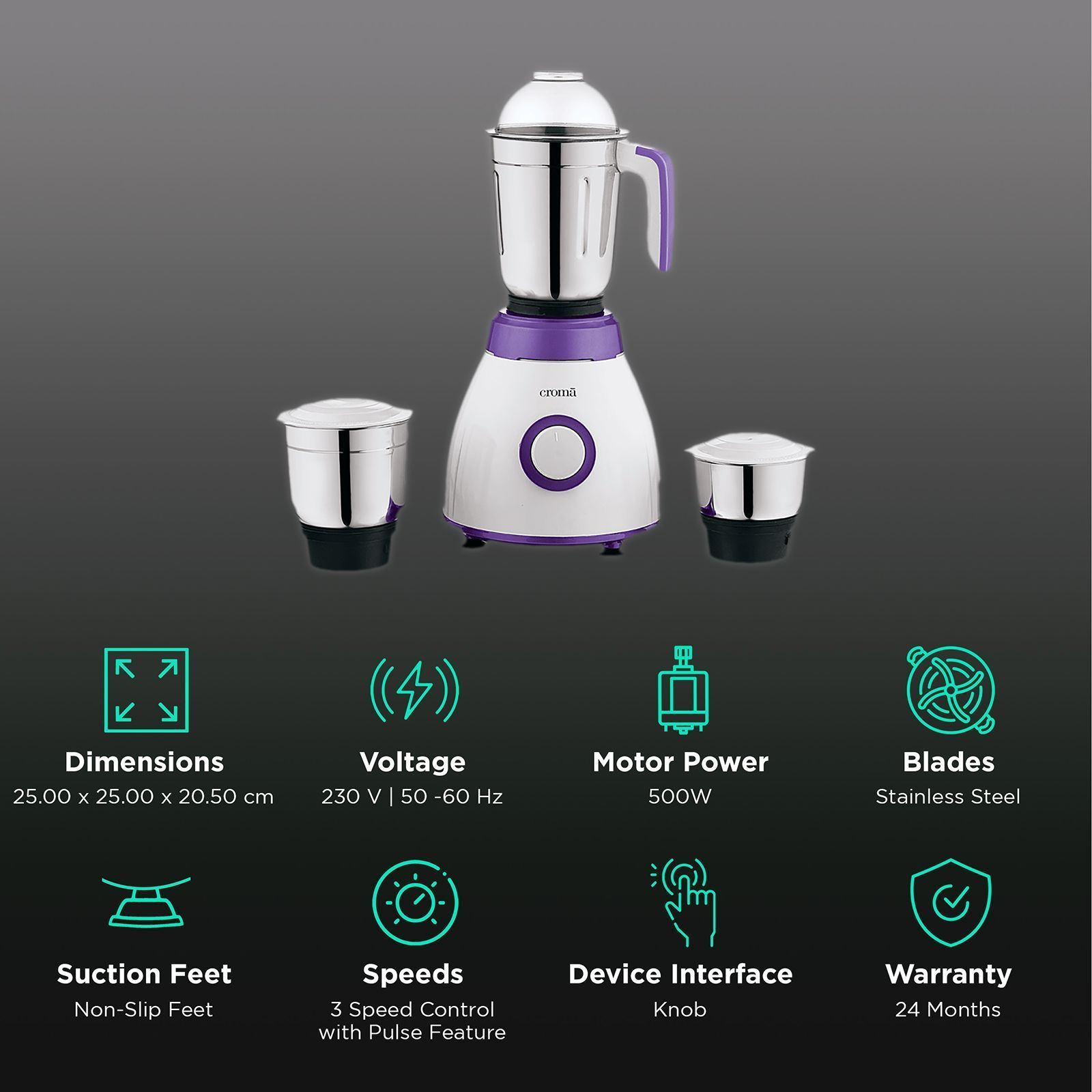 Croma 500 Watt 3 Jars Mixer Grinder (Rust Resistant, White/Purple)_2