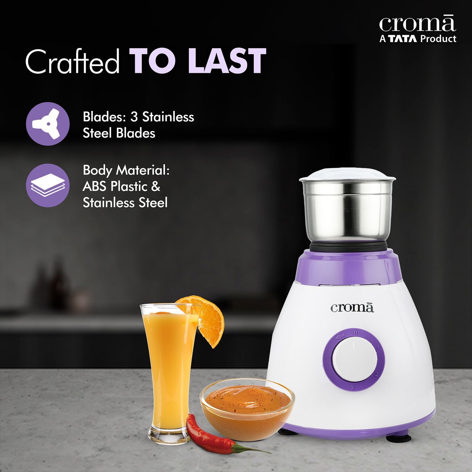 Croma 500 Watt 3 Jars Mixer Grinder (Rust Resistant, White/Purple)_5