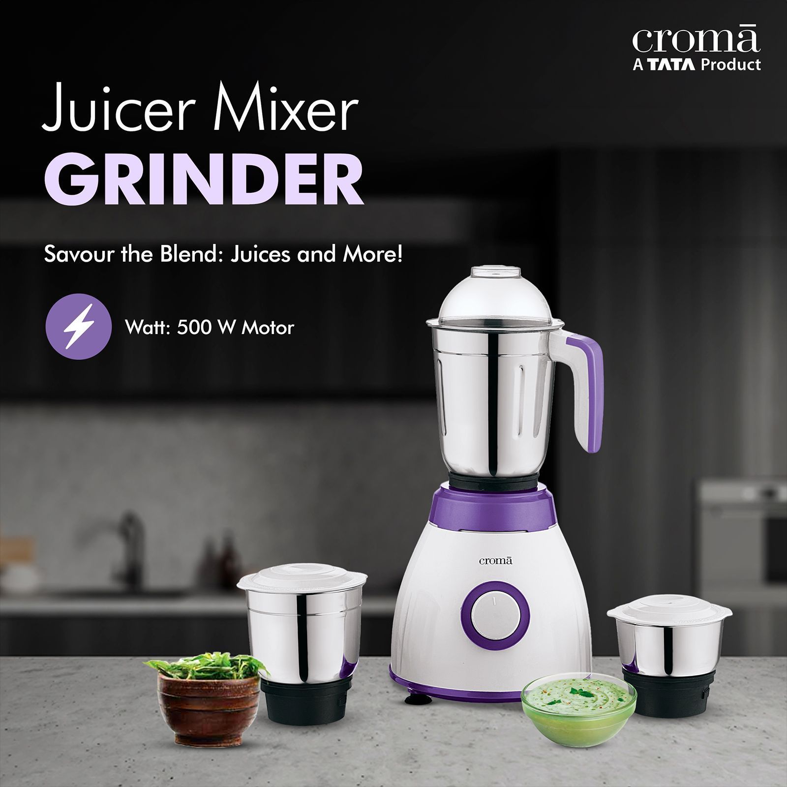 Croma 500 Watt 3 Jars Mixer Grinder (Rust Resistant, White/Purple)_8