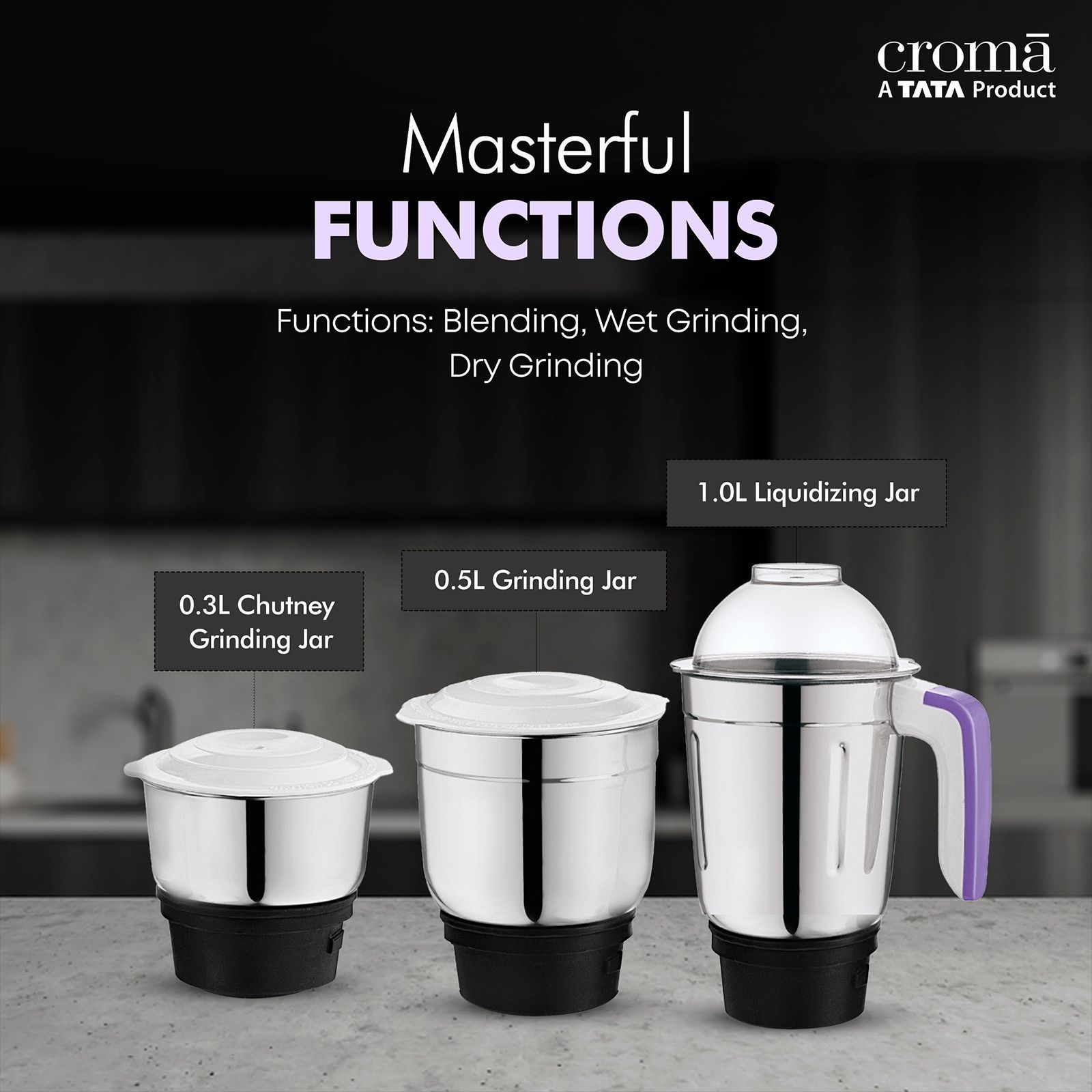 Croma 500 Watt 3 Jars Mixer Grinder (Rust Resistant, White/Purple)_9