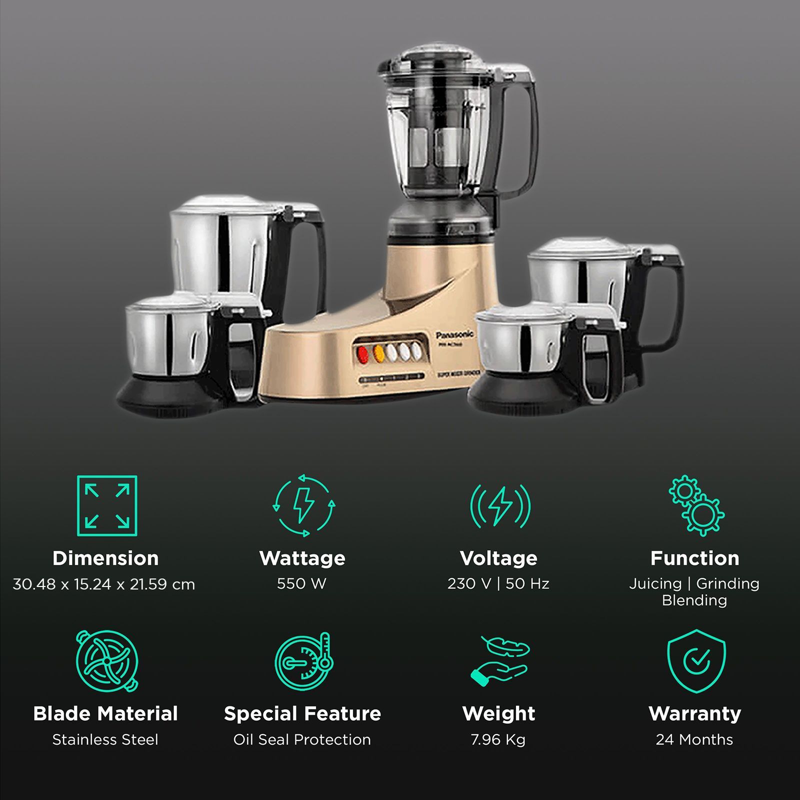 Panasonic MX-AC560 550 Watt 5 Jars Juicer Mixer Grinder (Anti-Skid Base, Bronze)_2