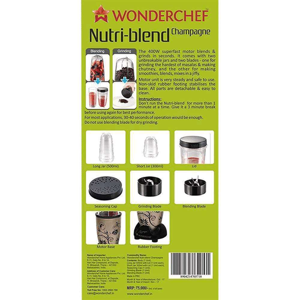WONDERCHEF Nutri-Blend 400 Watt 2 Jars Mixer Grinder Blender (22000 RPM, All-In-One System, Champagne)_9